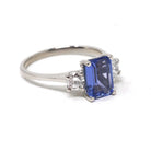 Tanzanite & Diamond Ring - Estate Platinum Natural Violet Blue Emerald Cut Gem Engagement - Modern Era Three Stone Size 6 1/2 Fine Jewelry
