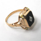 Vintage Onyx Ring - Art Deco 14k Yellow Gold Emerald Cut Natural Black Chalcedony Gem - Circa 1930s Era Size 5 3/4 Filigree Fine 30s Jewelry