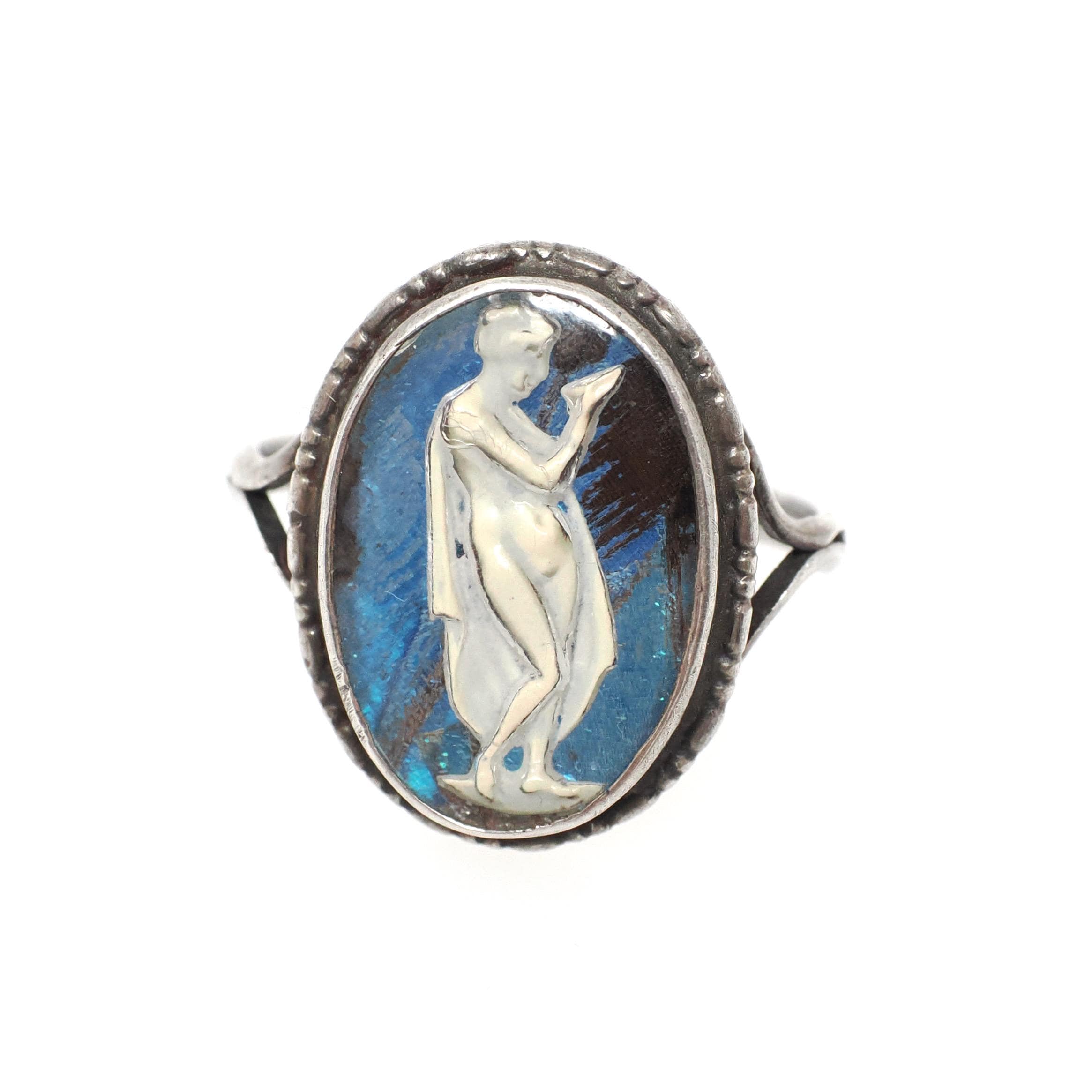 Morpho Butterfly Wing Ring - Art Deco English Silver Blue Chitin