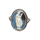 Morpho Butterfly Wing Ring - Art Deco English Silver Blue Chitin & Figural Woman - Circa 1930s Era Size 3 3/4 Classic Greek Souvenir Jewelry