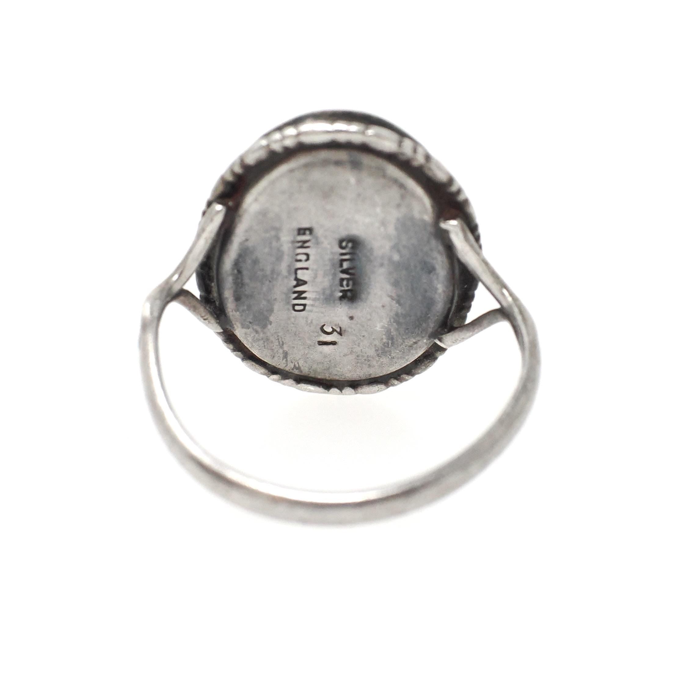 Morpho Butterfly Wing Ring - Art Deco English Silver Blue Chitin & Figural Woman - Circa 1930s Era Size 3 3/4 Classic Greek Souvenir Jewelry
