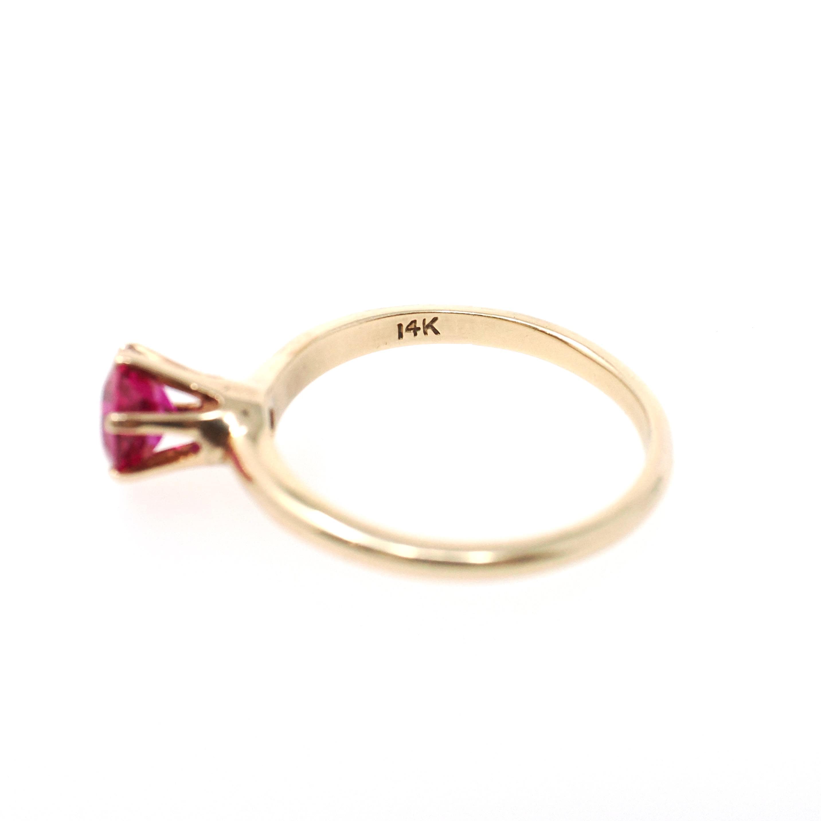 Created Ruby Ring - Mid Century 14k Yellow Gold Round Faceted .83 CT Red Pink Stone - Vintage Circa 1950s Era Size 5 3/4 Solitaire Jewelry