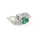 Vintage Toi Et Moi Ring - Mid Century 14k White Gold Natural Green Emerald & Diamond - Circa 1950s Size 8 1/4 Bypass Engagement Fine Jewelry