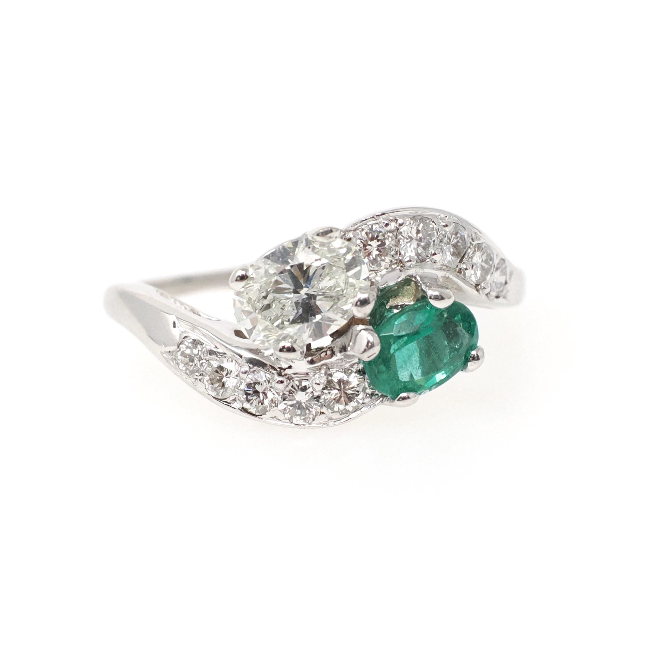Vintage Toi Et Moi Ring - Mid Century 14k White Gold Natural Green Emerald & Diamond - Circa 1950s Size 8 1/4 Bypass Engagement Fine Jewelry