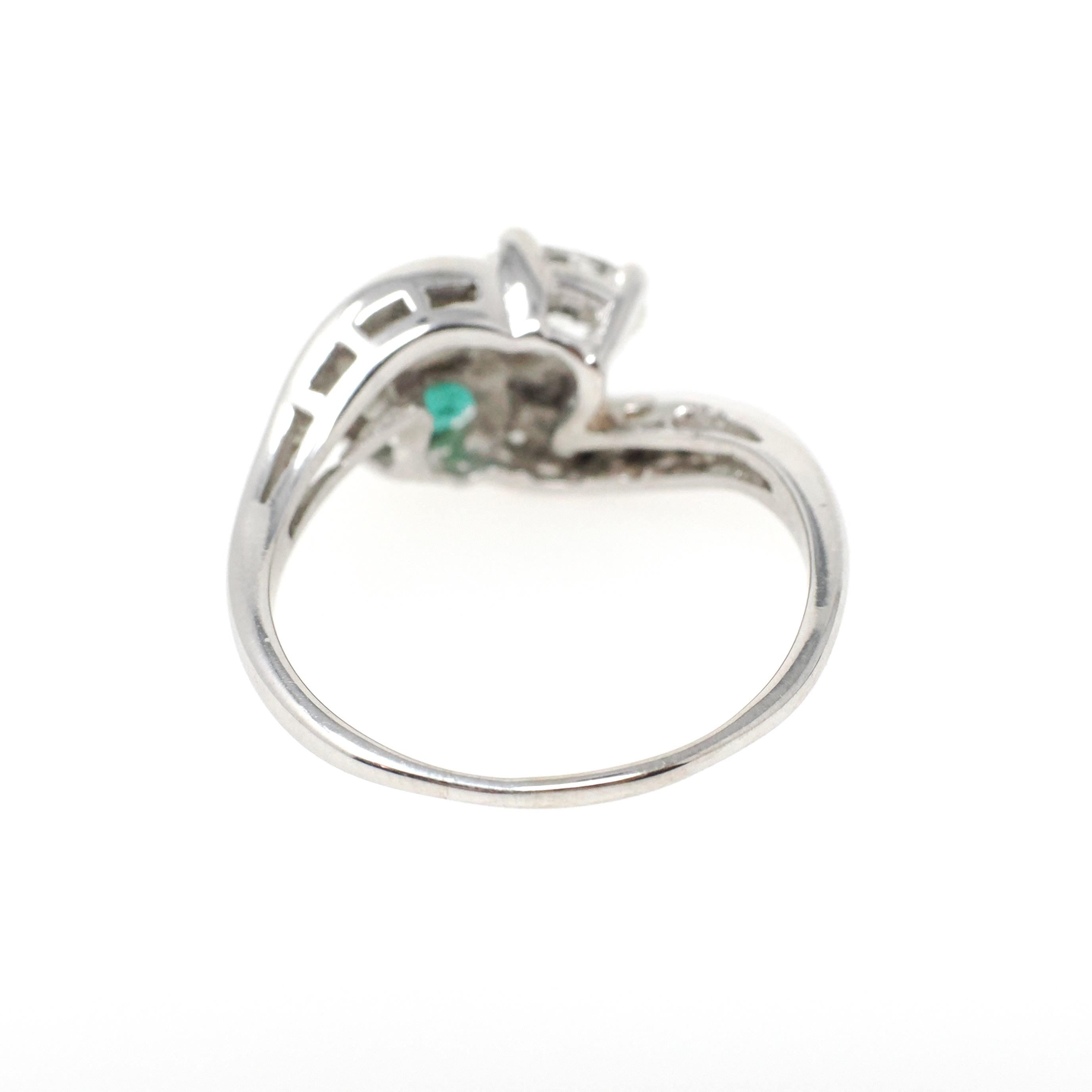 Vintage Toi Et Moi Ring - Mid Century 14k White Gold Natural Green Emerald & Diamond - Circa 1950s Size 8 1/4 Bypass Engagement Fine Jewelry