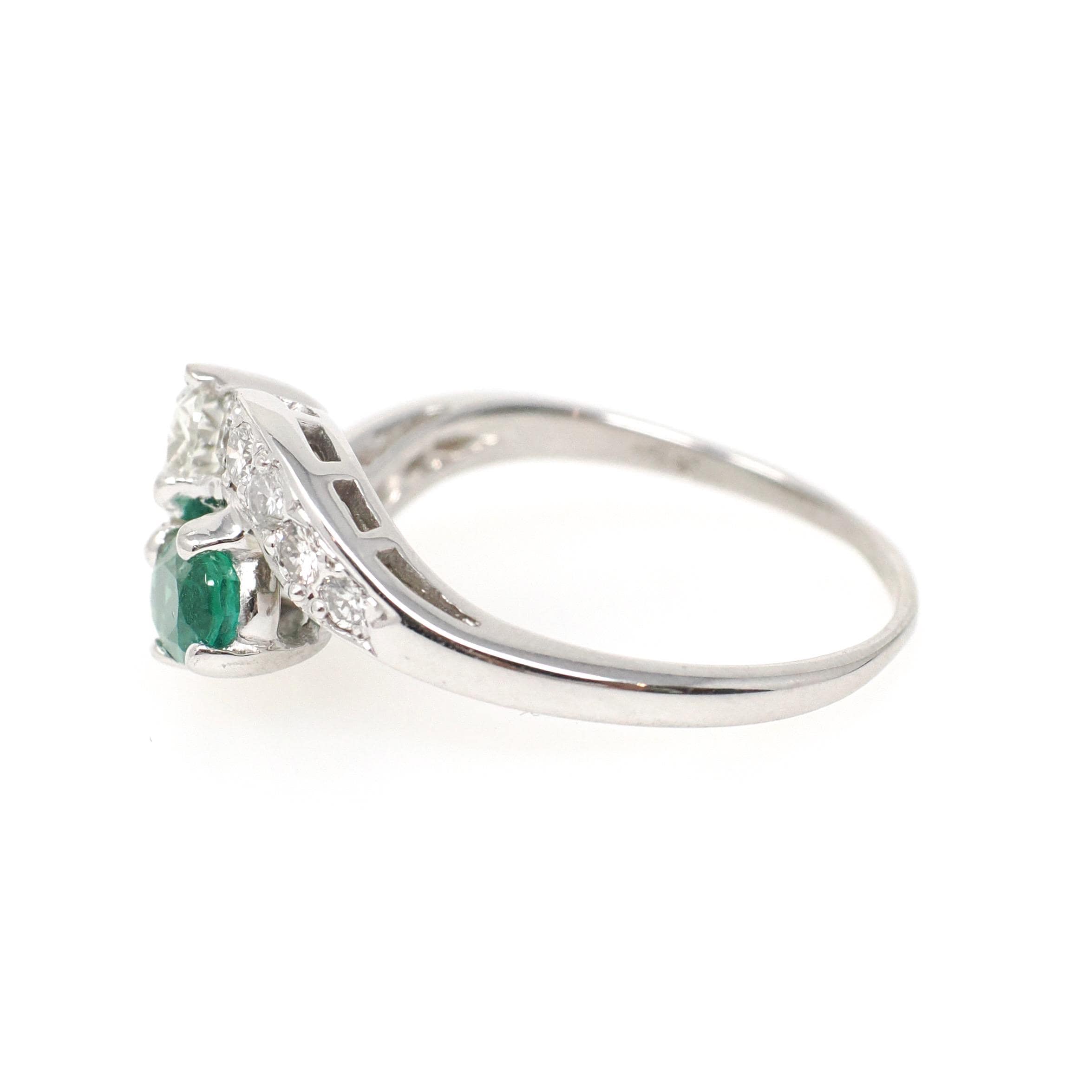 Vintage Toi Et Moi Ring - Mid Century 14k White Gold Natural Green Emerald & Diamond - Circa 1950s Size 8 1/4 Bypass Engagement Fine Jewelry