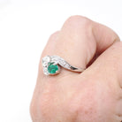 Vintage Toi Et Moi Ring - Mid Century 14k White Gold Natural Green Emerald & Diamond - Circa 1950s Size 8 1/4 Bypass Engagement Fine Jewelry