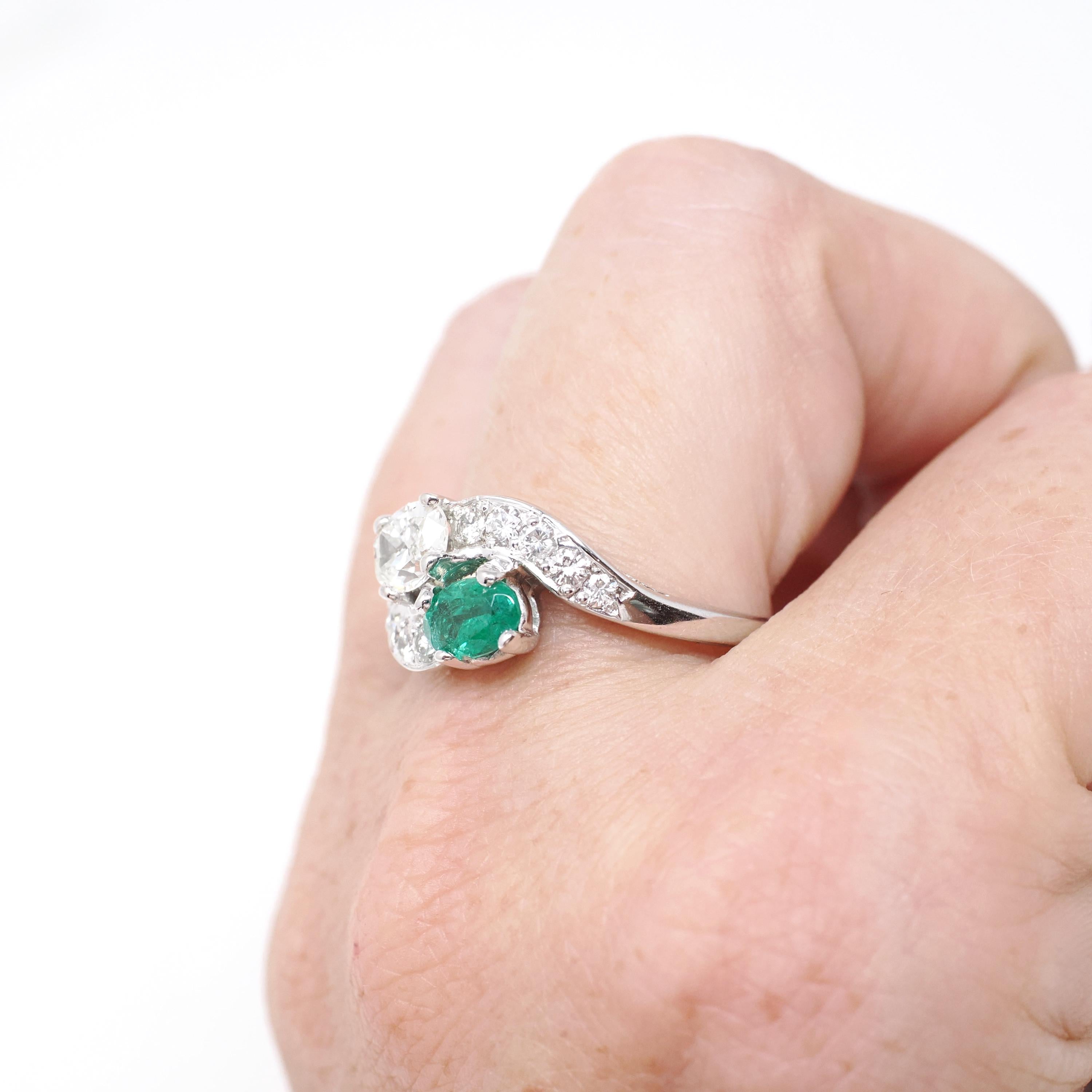 Vintage Toi Et Moi Ring - Mid Century 14k White Gold Natural Green Emerald & Diamond - Circa 1950s Size 8 1/4 Bypass Engagement Fine Jewelry