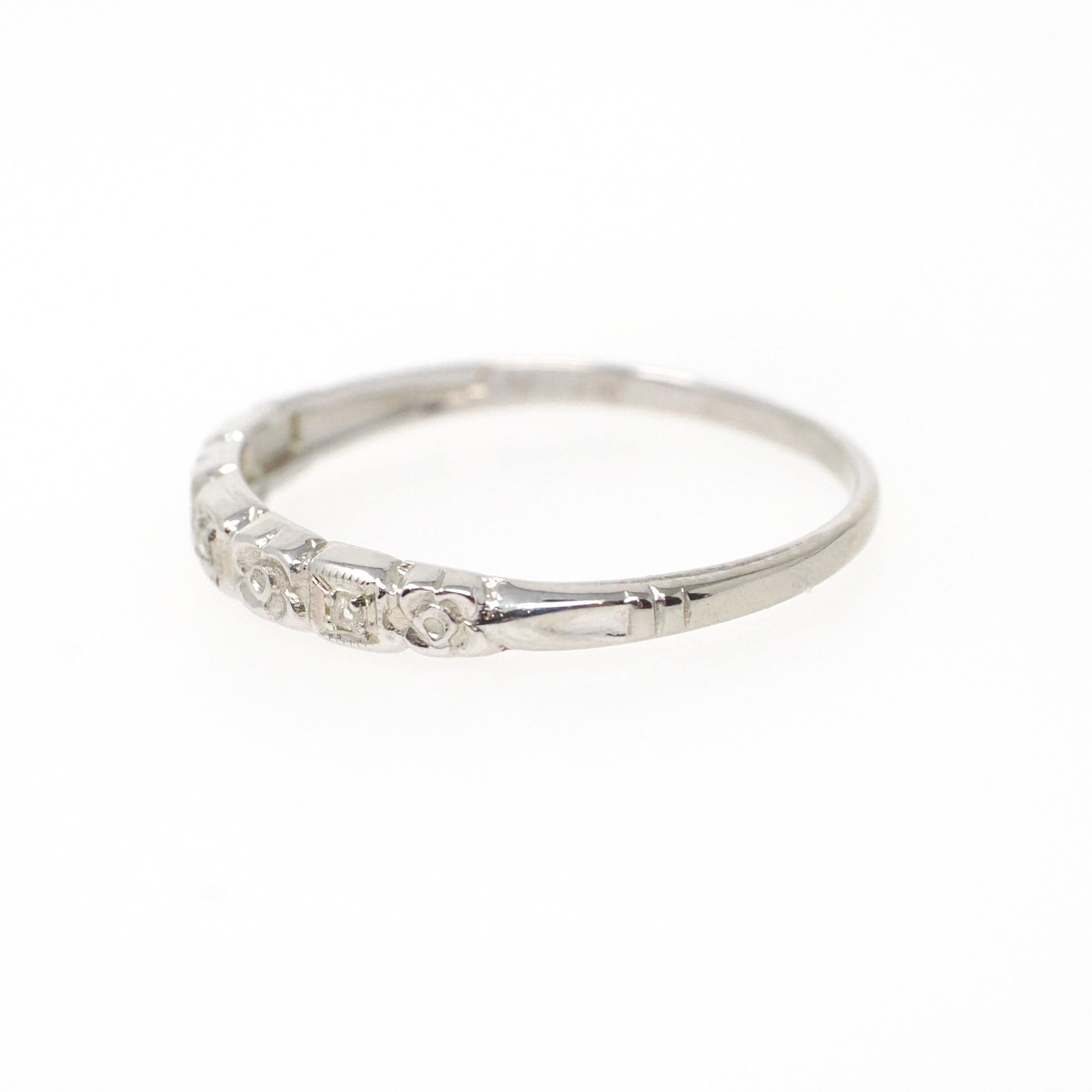 Diamond Wedding Band - Vintage 14k White Gold Natural .03 CTW Ring - Mid Century Circa 1950s Era Size 7 1/2 Stacking Fine Bridal Jewelry