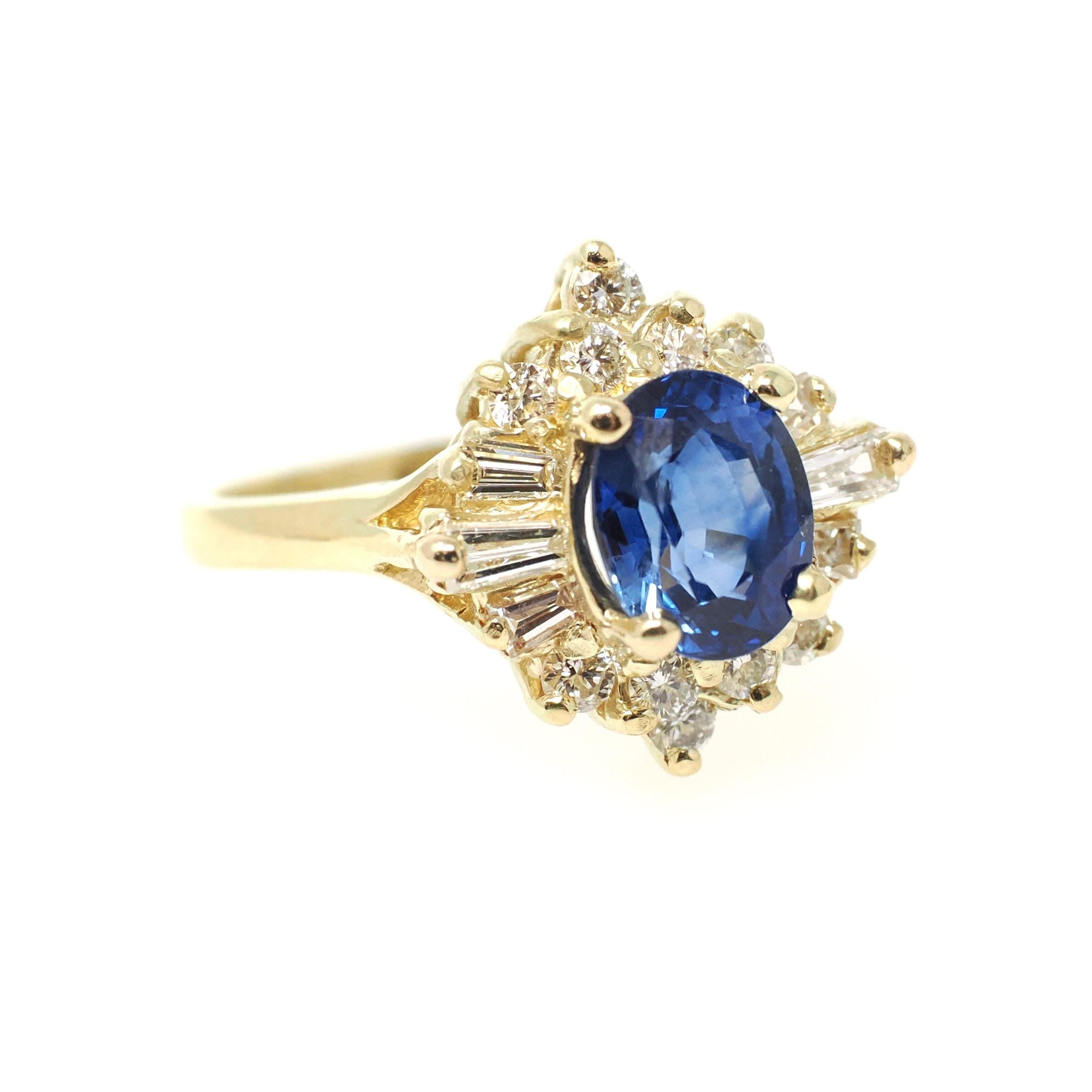Sapphire & Diamond Ring - 18k Yellow Gold Blue Gem .55 CTW Diamond Halo - Contemporary Size 5.75 Ballerina Fine GIA Origin Report Jewelry