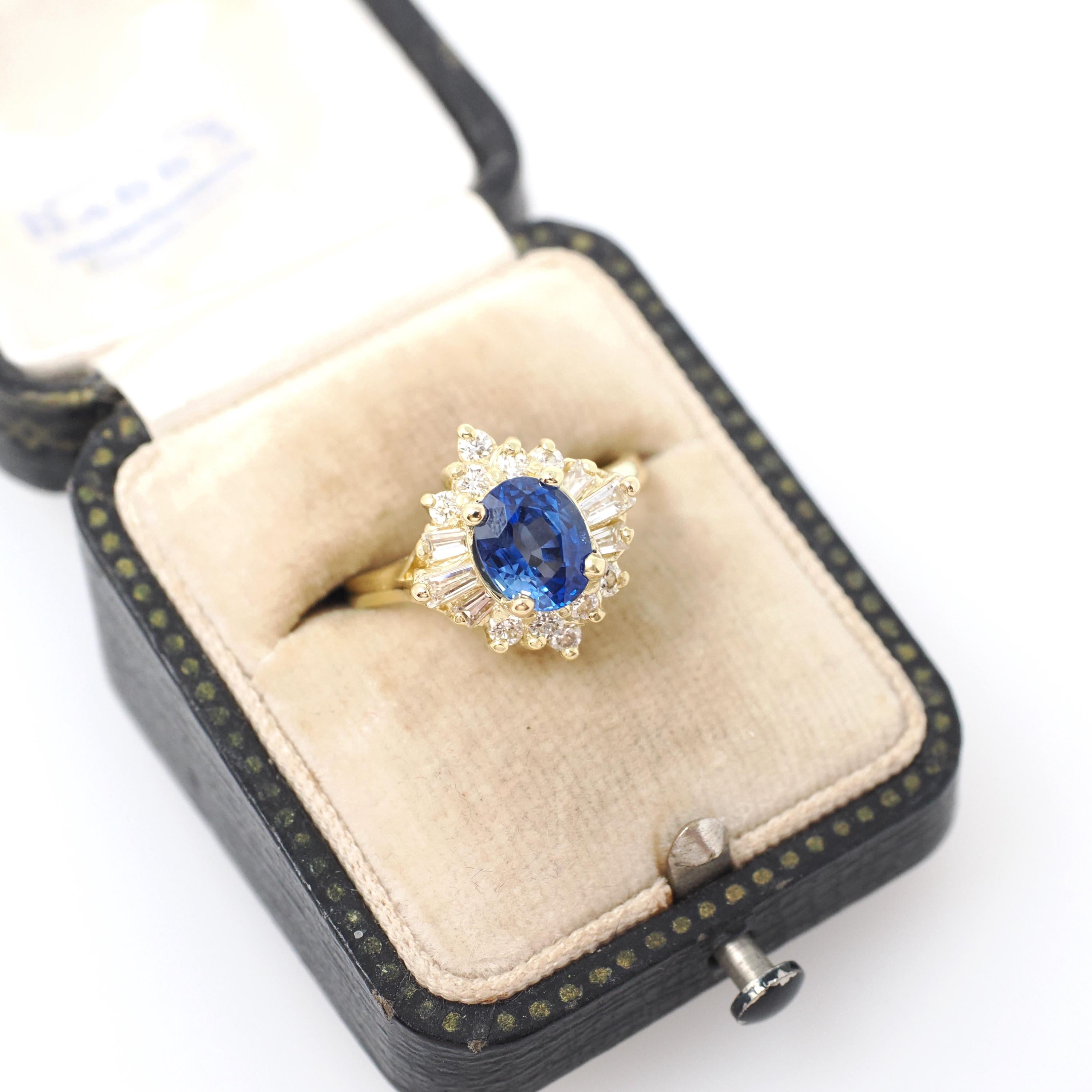 Sapphire & Diamond Ring - 18k Yellow Gold Blue Gem .55 CTW Diamond Halo - Contemporary Size 5.75 Ballerina Fine GIA Origin Report Jewelry