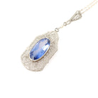 Art Deco Necklace - Vintage 10k White Gold Created Blue Sapphire Simulated Seed Pearl Pendant - Circa 1930s Era Filigree Statement Jewelry