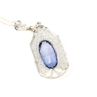 Art Deco Necklace - Vintage 10k White Gold Created Blue Sapphire Simulated Seed Pearl Pendant - Circa 1930s Era Filigree Statement Jewelry