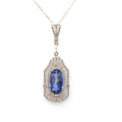 Art Deco Necklace - Vintage 10k White Gold Created Blue Sapphire Simulated Seed Pearl Pendant - Circa 1930s Era Filigree Statement Jewelry