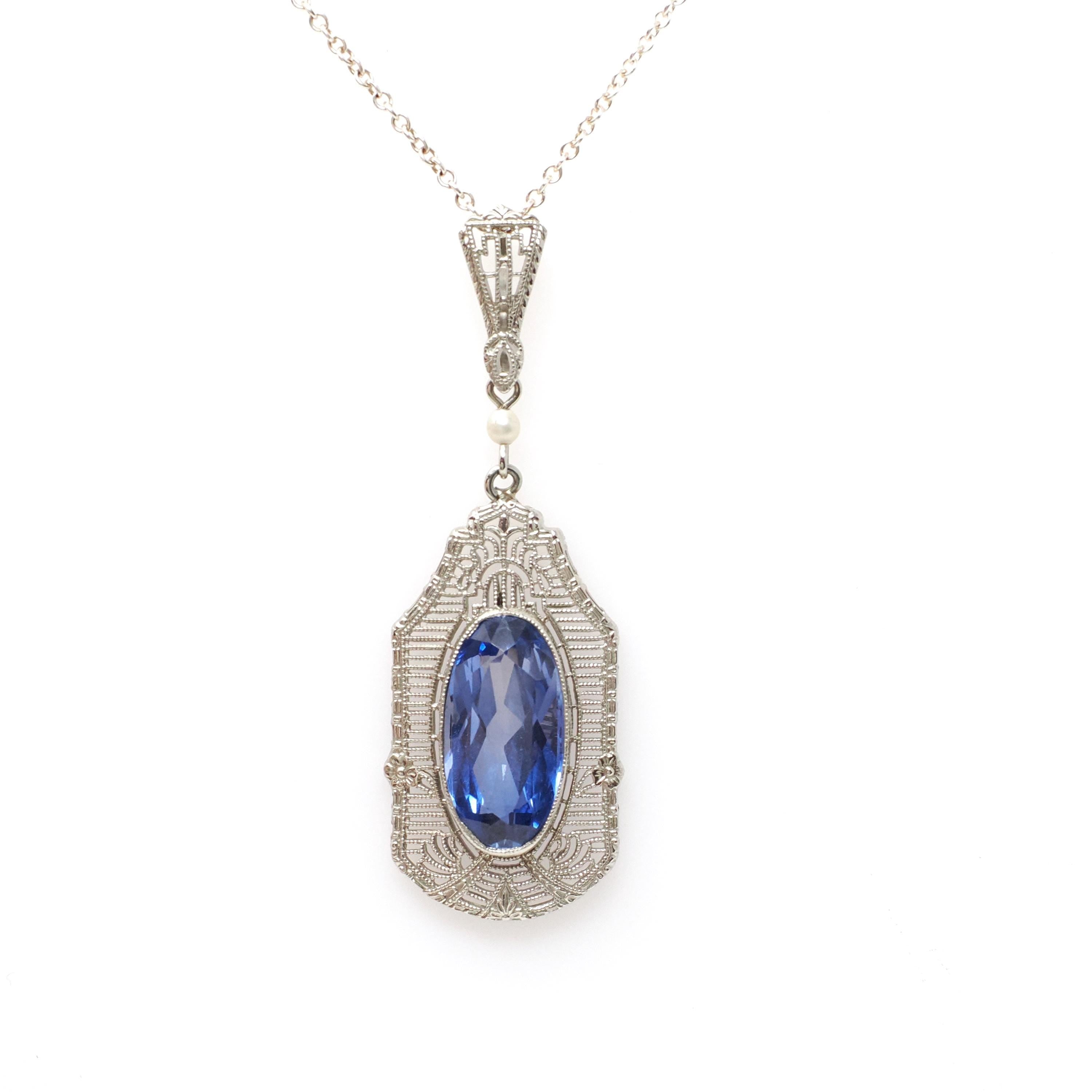 Art Deco Necklace - Vintage 10k White Gold Created Blue Sapphire Simulated Seed Pearl Pendant - Circa 1930s Era Filigree Statement Jewelry