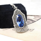 Art Deco Necklace - Vintage 10k White Gold Created Blue Sapphire Simulated Seed Pearl Pendant - Circa 1930s Era Filigree Statement Jewelry