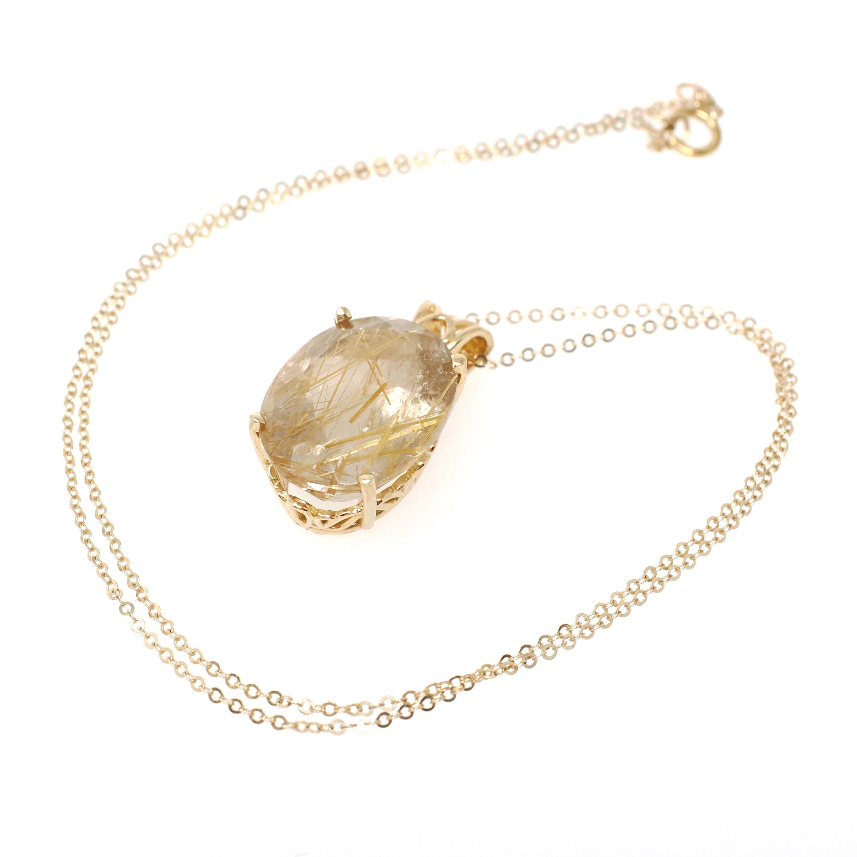 Rutilated Quartz Necklace - Modern Estate 14k Yellow Gold Natural Gemstone Floral Pendant Charm - Circa 2000s Fine Venus Hair Stone Jewelry
