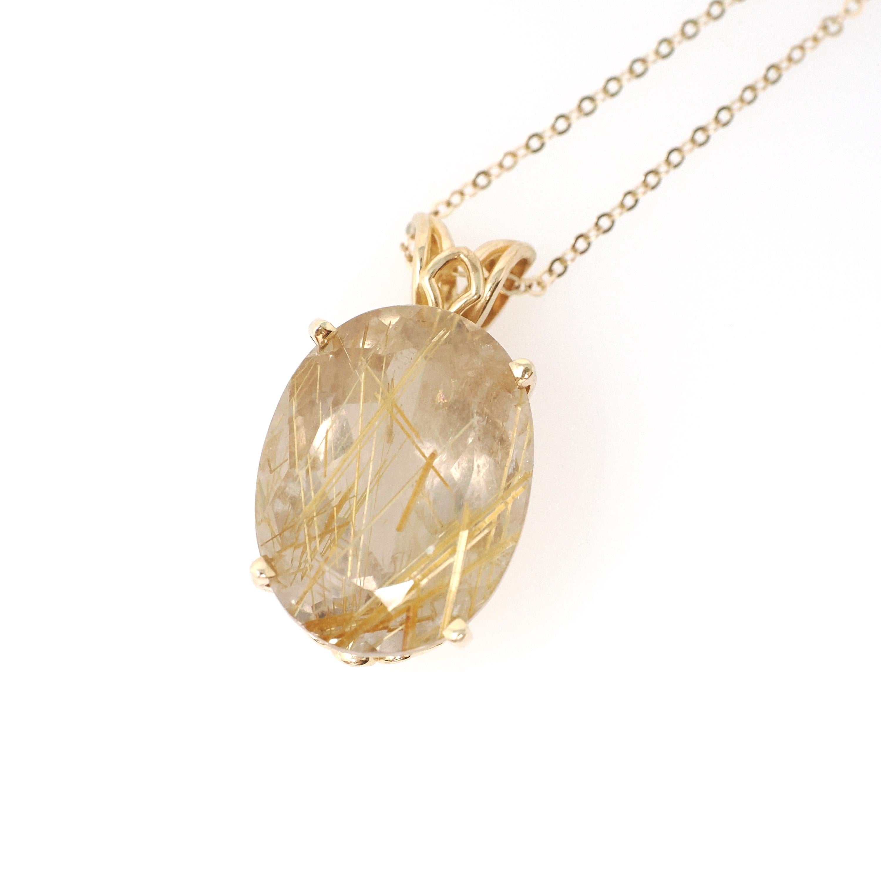 Rutilated Quartz Necklace - Modern Estate 14k Yellow Gold Natural Gemstone Floral Pendant Charm - Circa 2000s Fine Venus Hair Stone Jewelry