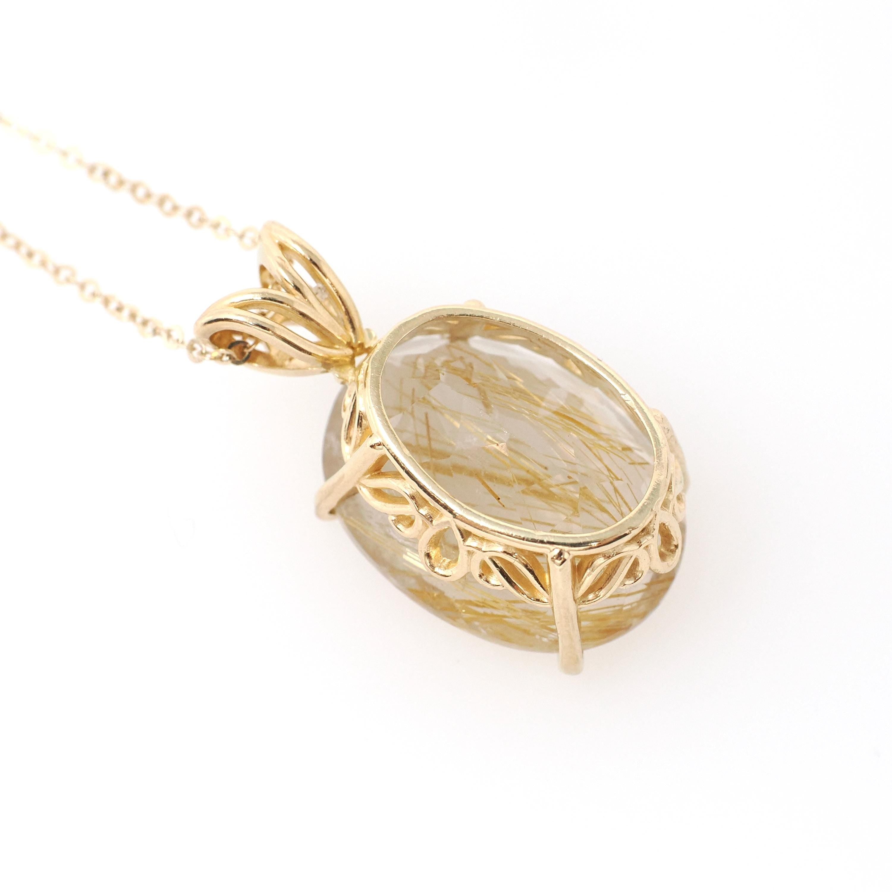 Rutilated Quartz Necklace - Modern Estate 14k Yellow Gold Natural Gemstone Floral Pendant Charm - Circa 2000s Fine Venus Hair Stone Jewelry