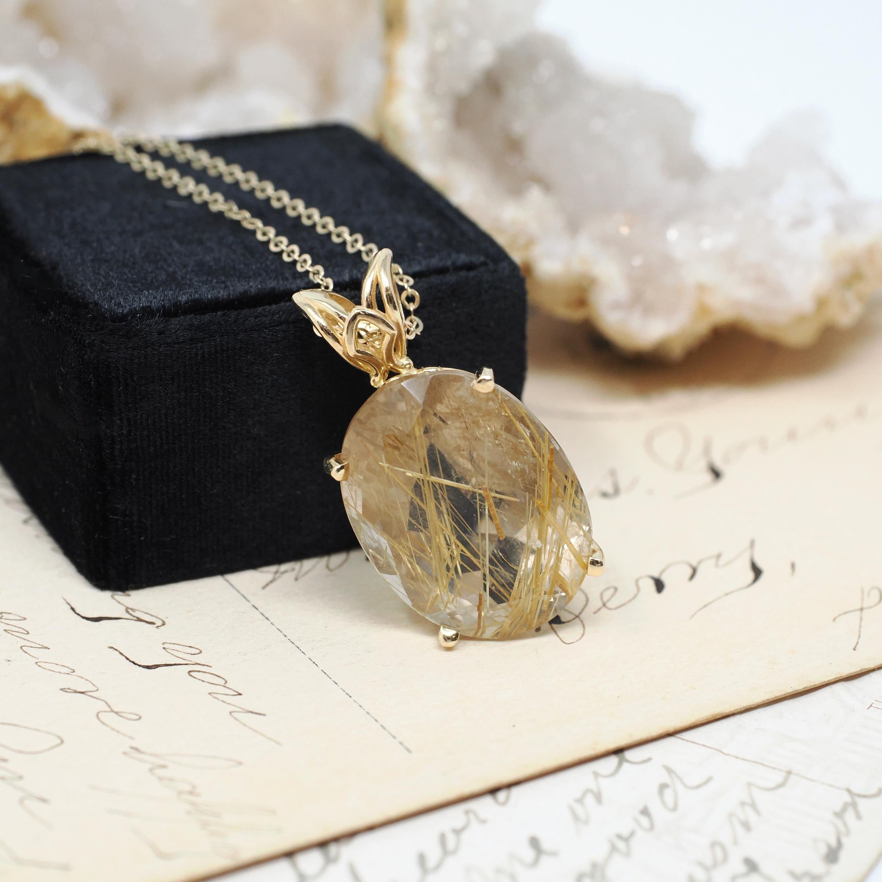 Rutilated Quartz Necklace - Modern Estate 14k Yellow Gold Natural Gemstone Floral Pendant Charm - Circa 2000s Fine Venus Hair Stone Jewelry