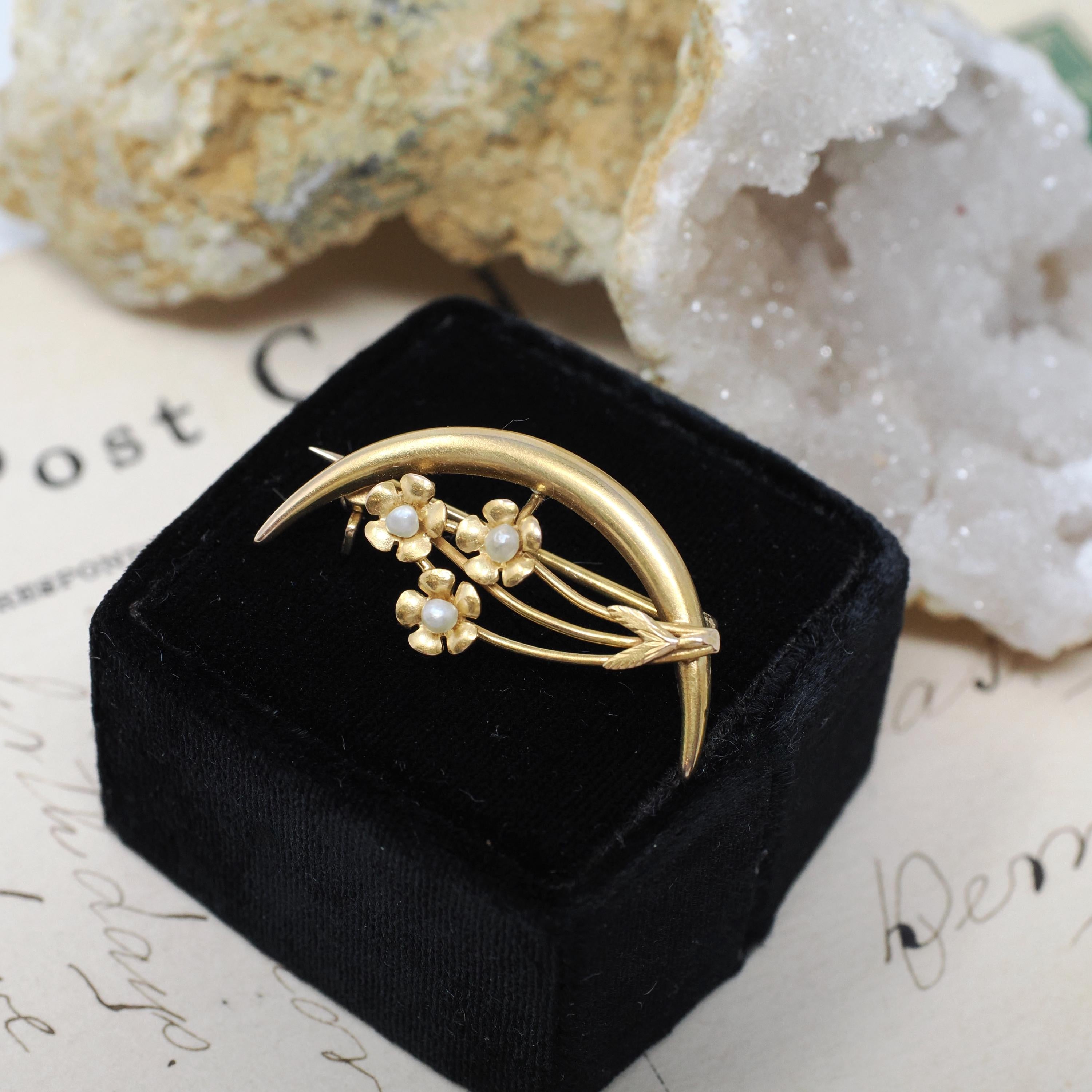 Antique Moon Brooch - Edwardian 10k Yellow Gold Natural Seed Pearl Flower Trio Pin - Circa 1910s Celestial Crescent Bouquet Fine Jewelry