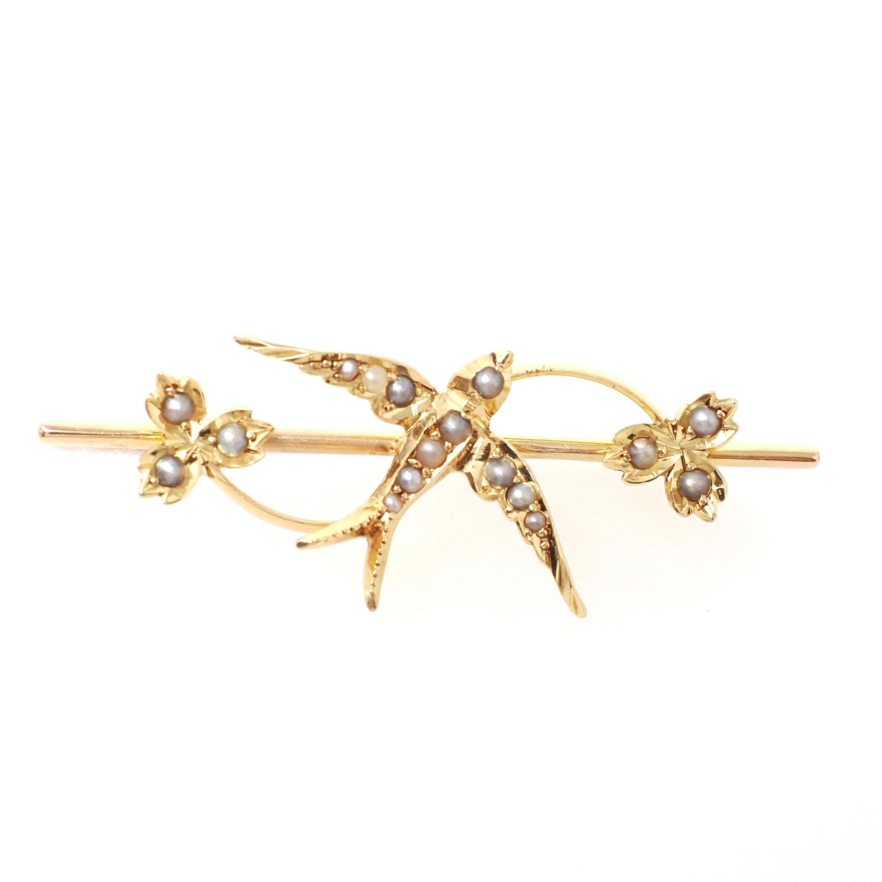 Antique Bird Brooch - Edwardian 15CT English Yellow Gold Seed Pearls Nature Inspired Bar Pin - Circa 1910s Leaf Fine Swallow Lapel Jewelry