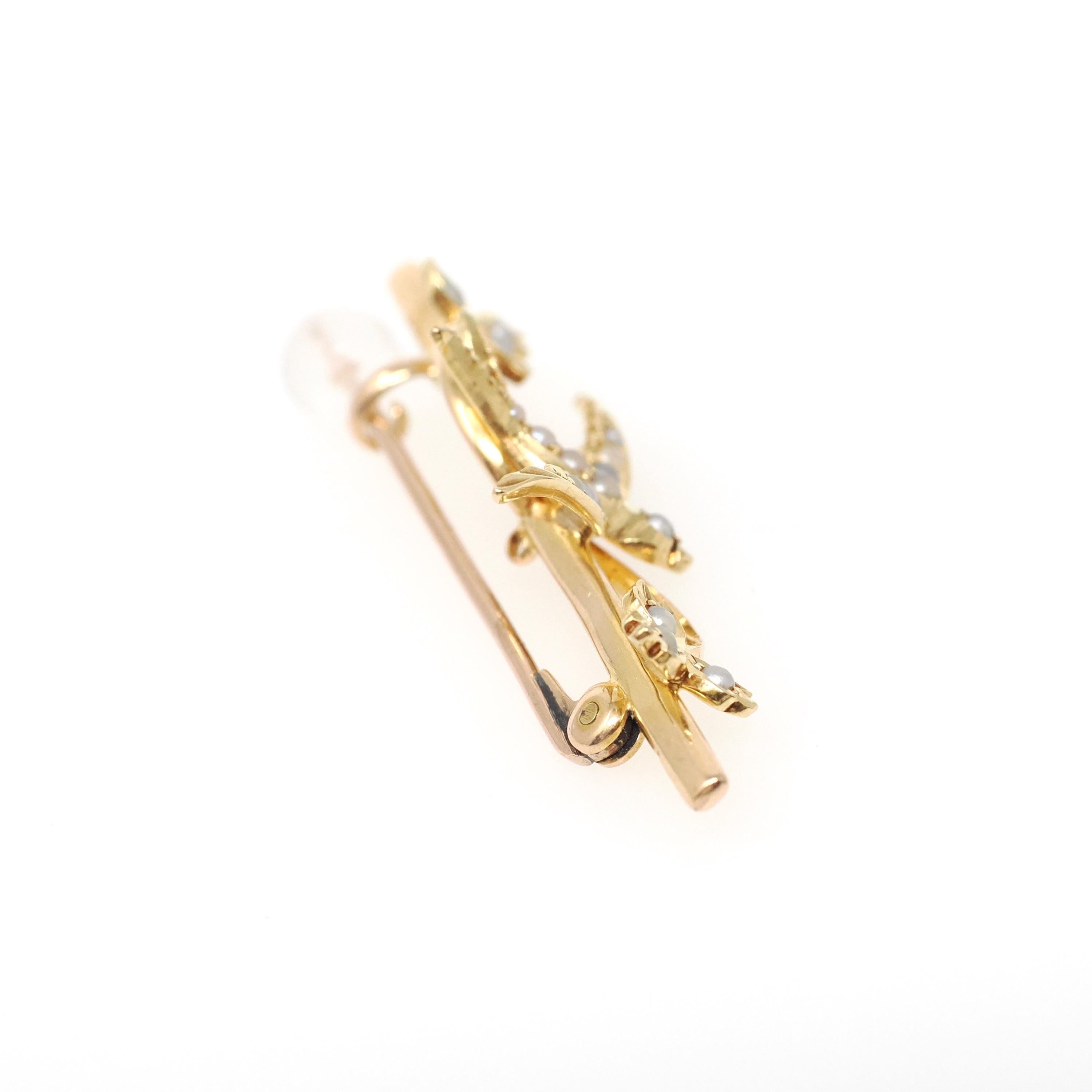 Antique Bird Brooch - Edwardian 15CT English Yellow Gold Seed Pearls Nature Inspired Bar Pin - Circa 1910s Leaf Fine Swallow Lapel Jewelry