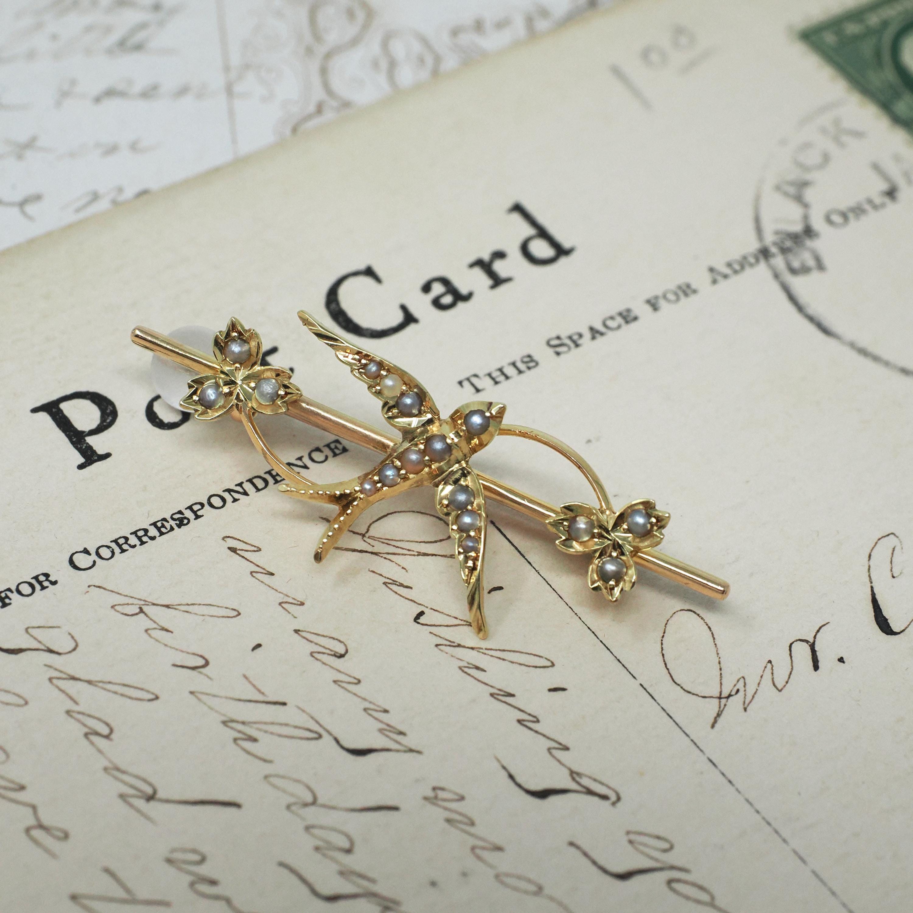 Antique Bird Brooch - Edwardian 15CT English Yellow Gold Seed Pearls Nature Inspired Bar Pin - Circa 1910s Leaf Fine Swallow Lapel Jewelry