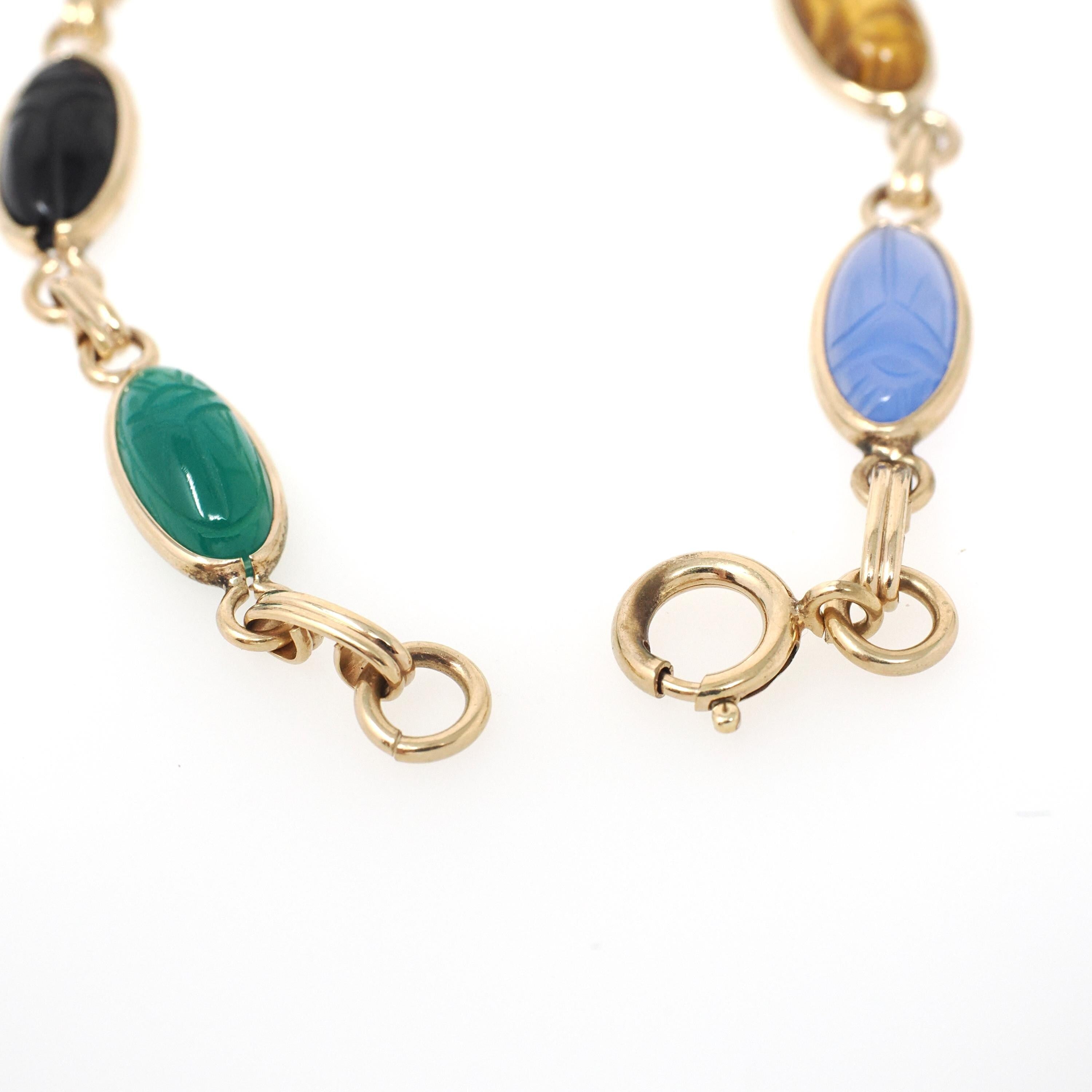 Vintage Scarab Bracelet - Retro 12k Gold Filled Carved Natural Gemstones - Circa 1960s Egyptian Revival Style Symbolic Panel Linked Jewelry
