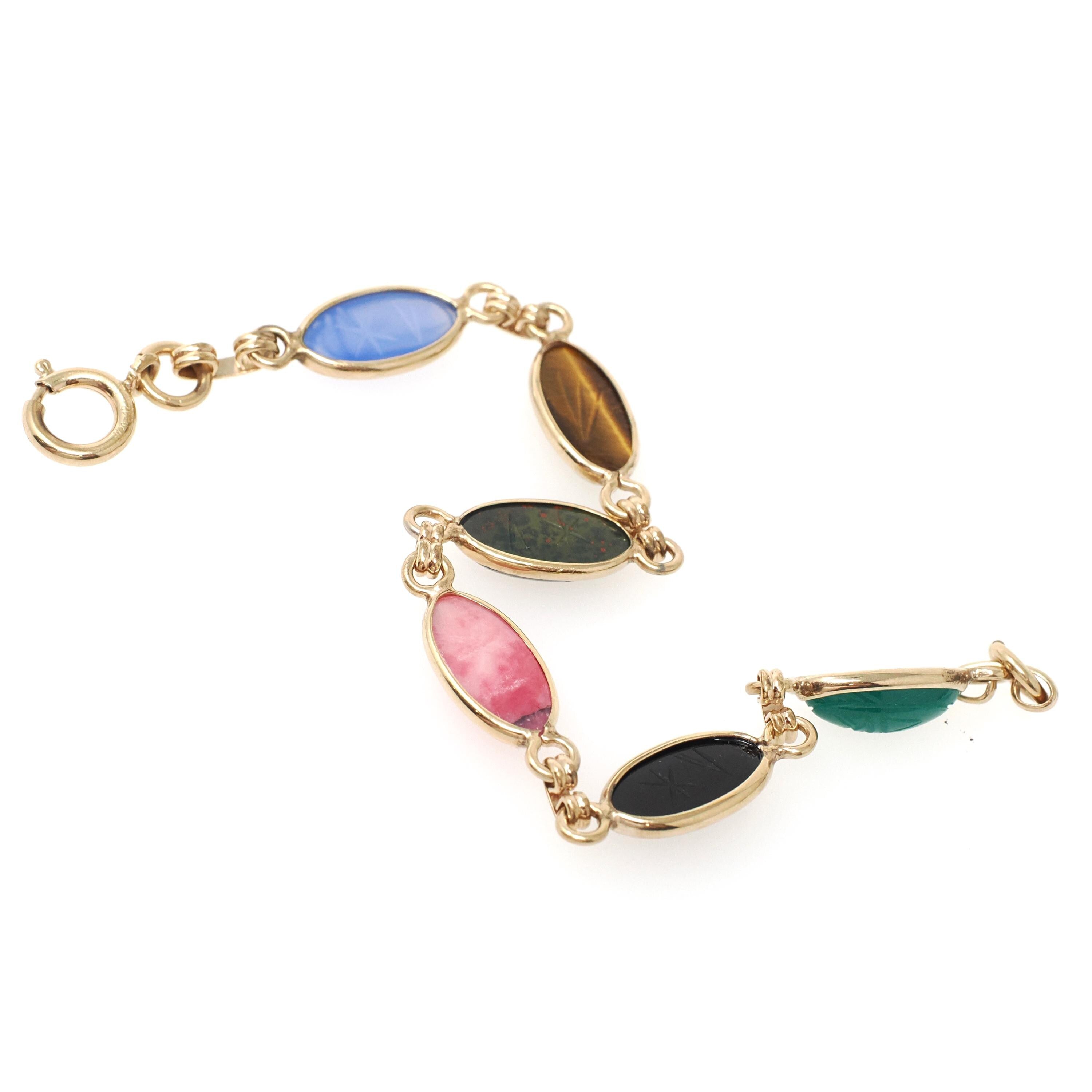 Vintage Scarab Bracelet - Retro 12k Gold Filled Carved Natural Gemstones - Circa 1960s Egyptian Revival Style Symbolic Panel Linked Jewelry
