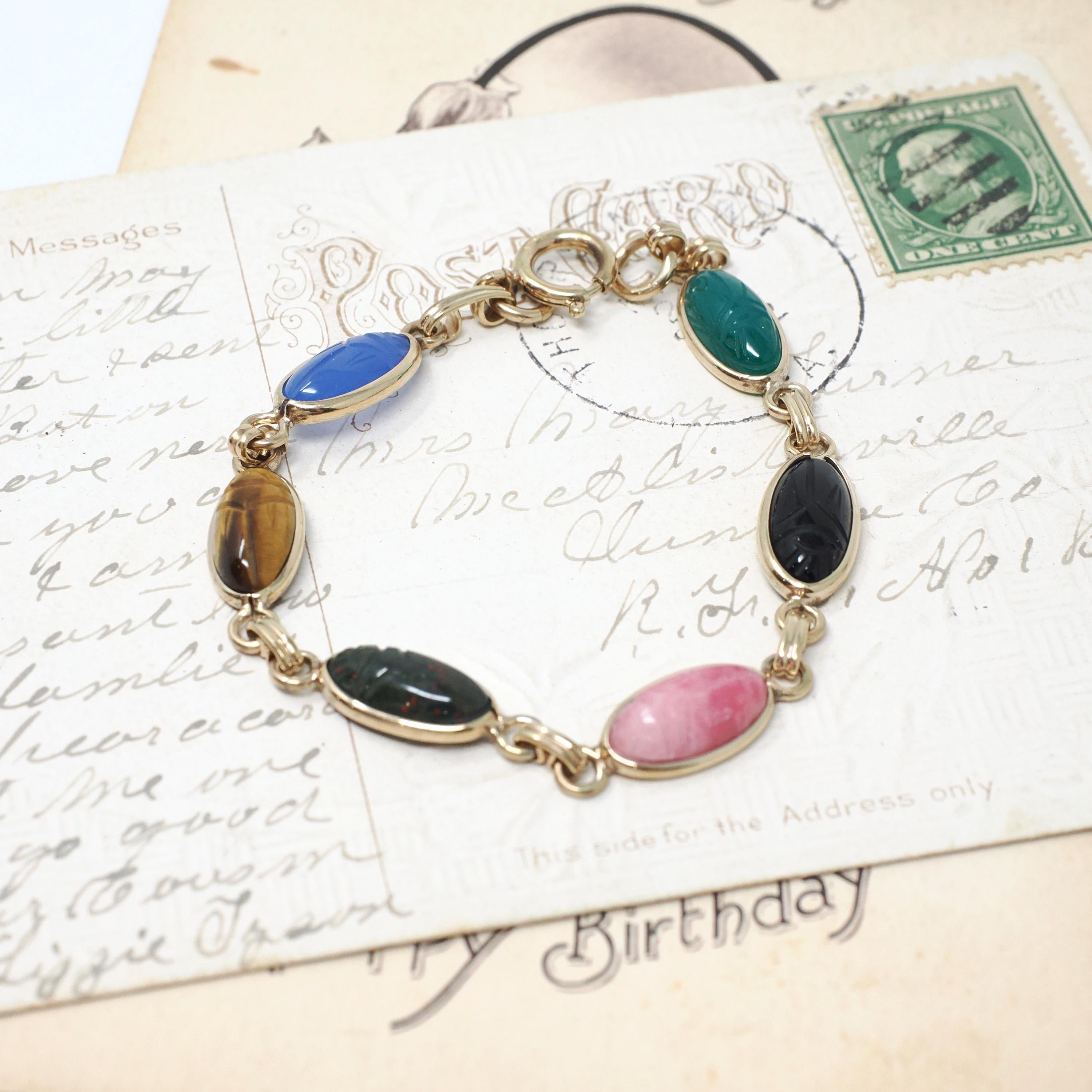 Vintage Scarab Bracelet - Retro 12k Gold Filled Carved Natural Gemstones - Circa 1960s Egyptian Revival Style Symbolic Panel Linked Jewelry