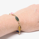 Vintage Scarab Bracelet - Retro 12k Gold Filled Carved Natural Gemstones - Circa 1960s Egyptian Revival Style Symbolic Panel Linked Jewelry