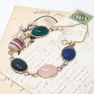 Vintage Scarab Bracelet - Retro 14k Gold Filled Carved Natural Gemstones - Circa 1960s Era Egyptian Revival Style Panel Statement Jewelry