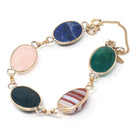 Vintage Scarab Bracelet - Retro 14k Gold Filled Carved Natural Gemstones - Circa 1960s Era Egyptian Revival Style Panel Statement Jewelry