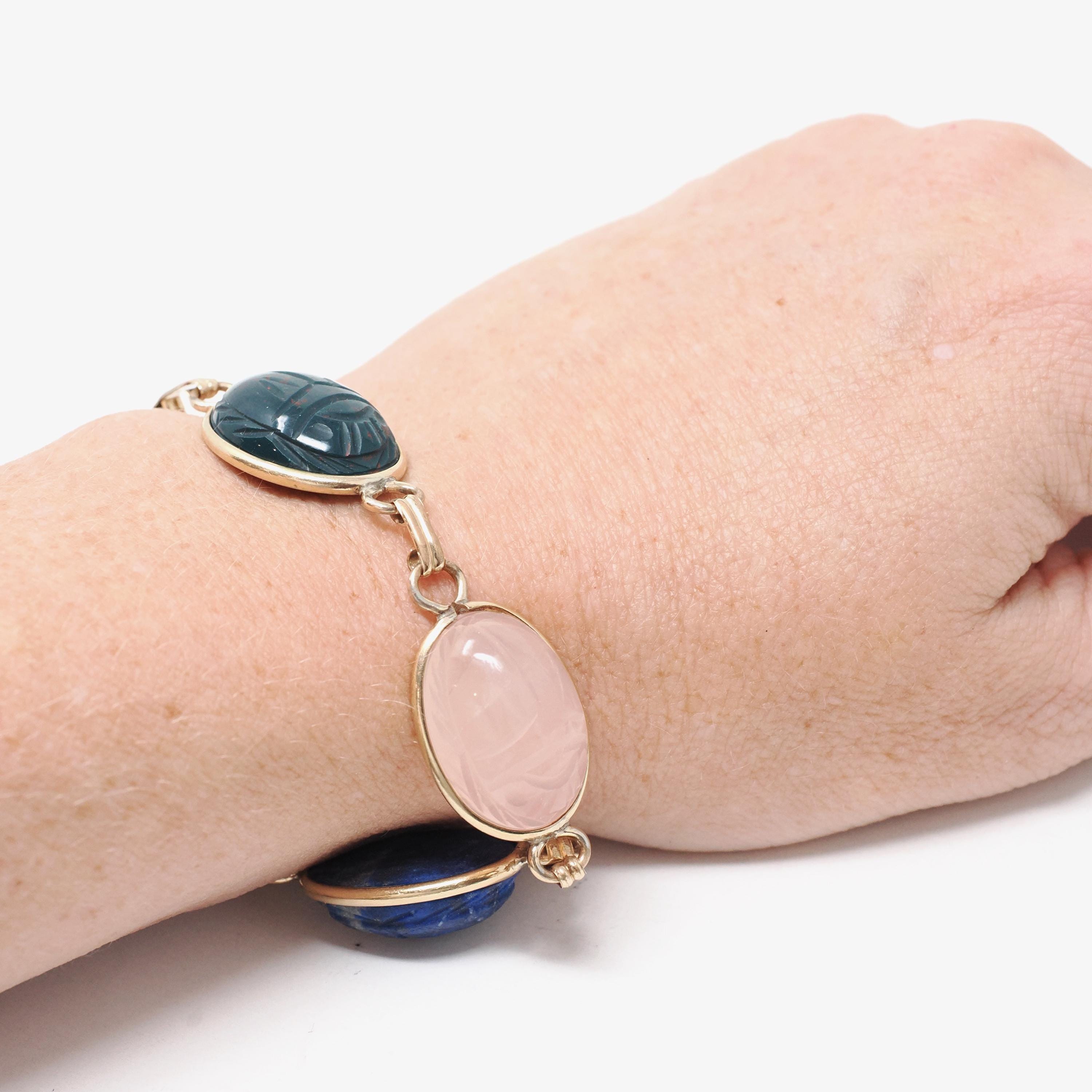 Vintage Scarab Bracelet - Retro 14k Gold Filled Carved Natural Gemstones - Circa 1960s Era Egyptian Revival Style Panel Statement Jewelry