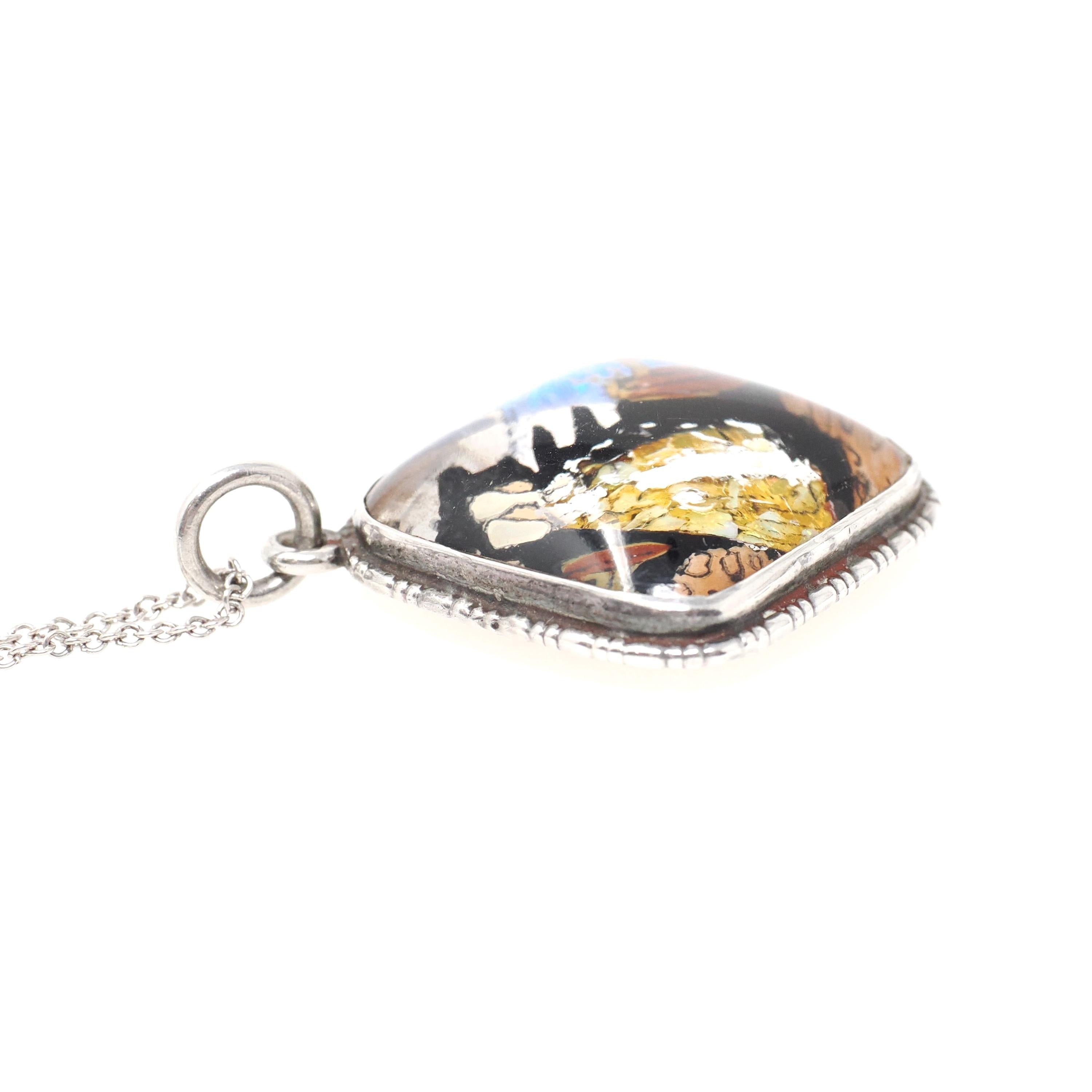 Morpho Butterfly Wing Necklace - Art Deco Sterling Silver Reverse Painted Dutch Girl Charm - Circa 1920s Patented England Opal Inlay Jewelry