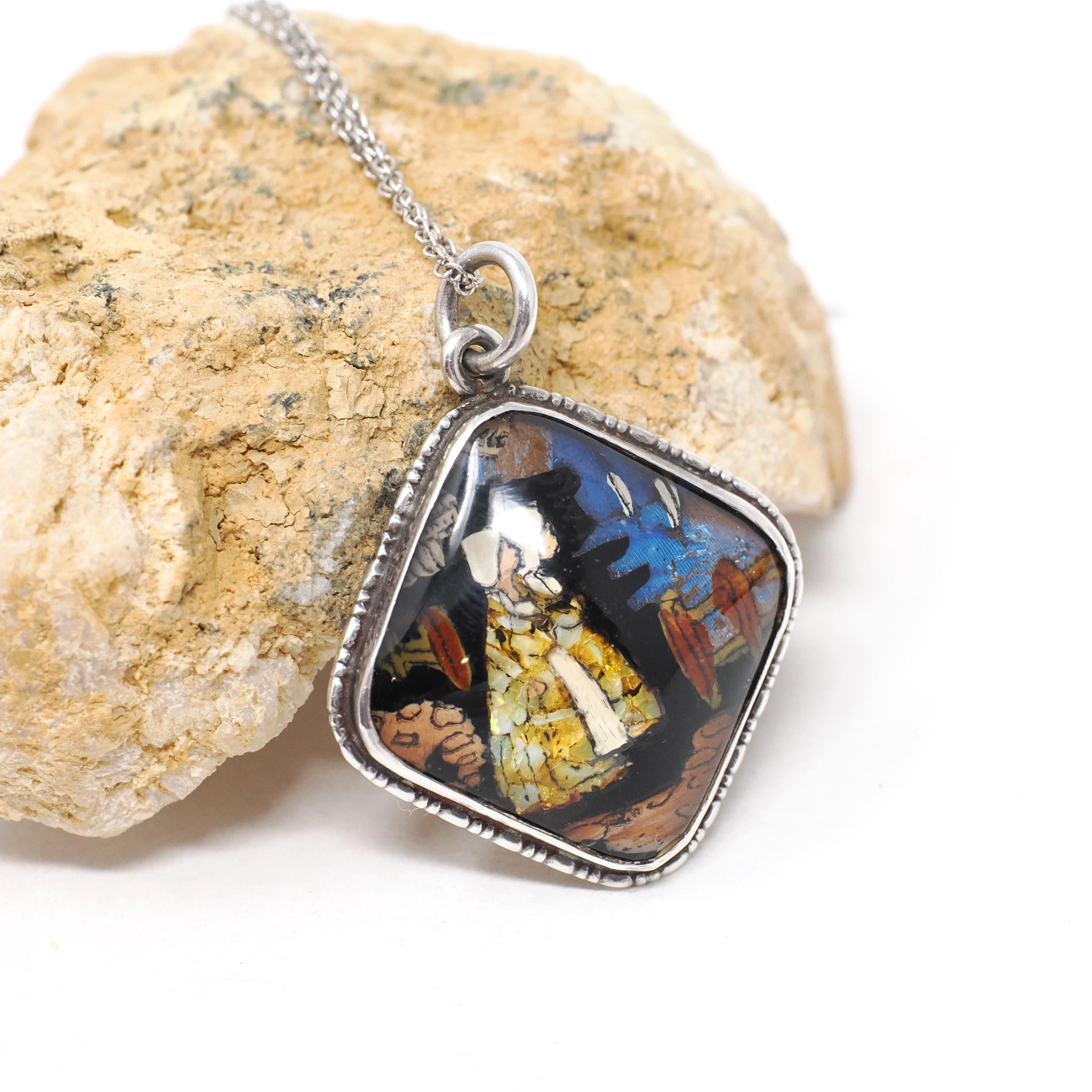 Morpho Butterfly Wing Necklace - Art Deco Sterling Silver Reverse Painted Dutch Girl Charm - Circa 1920s Patented England Opal Inlay Jewelry