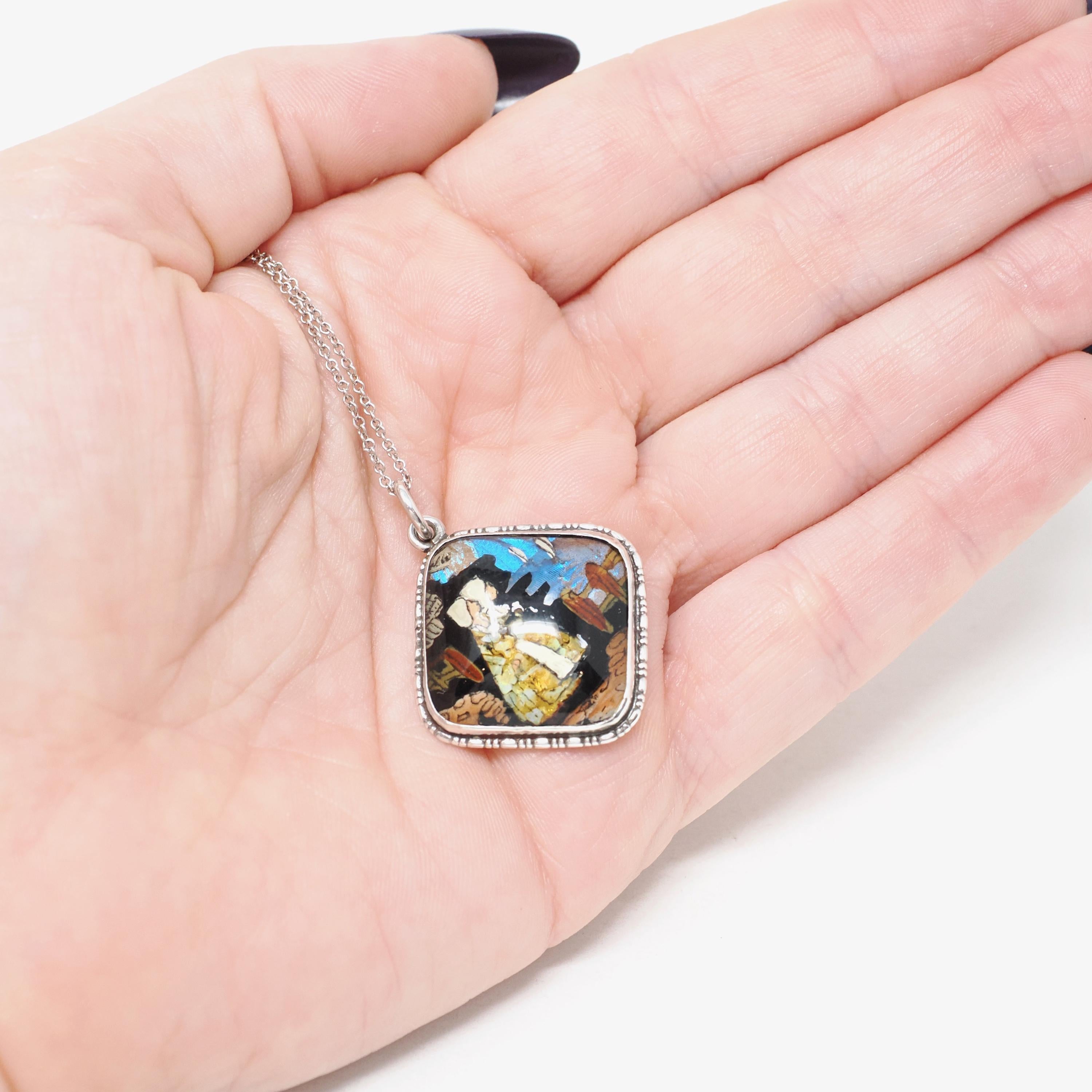 Morpho Butterfly Wing Necklace - Art Deco Sterling Silver Reverse Painted Dutch Girl Charm - Circa 1920s Patented England Opal Inlay Jewelry