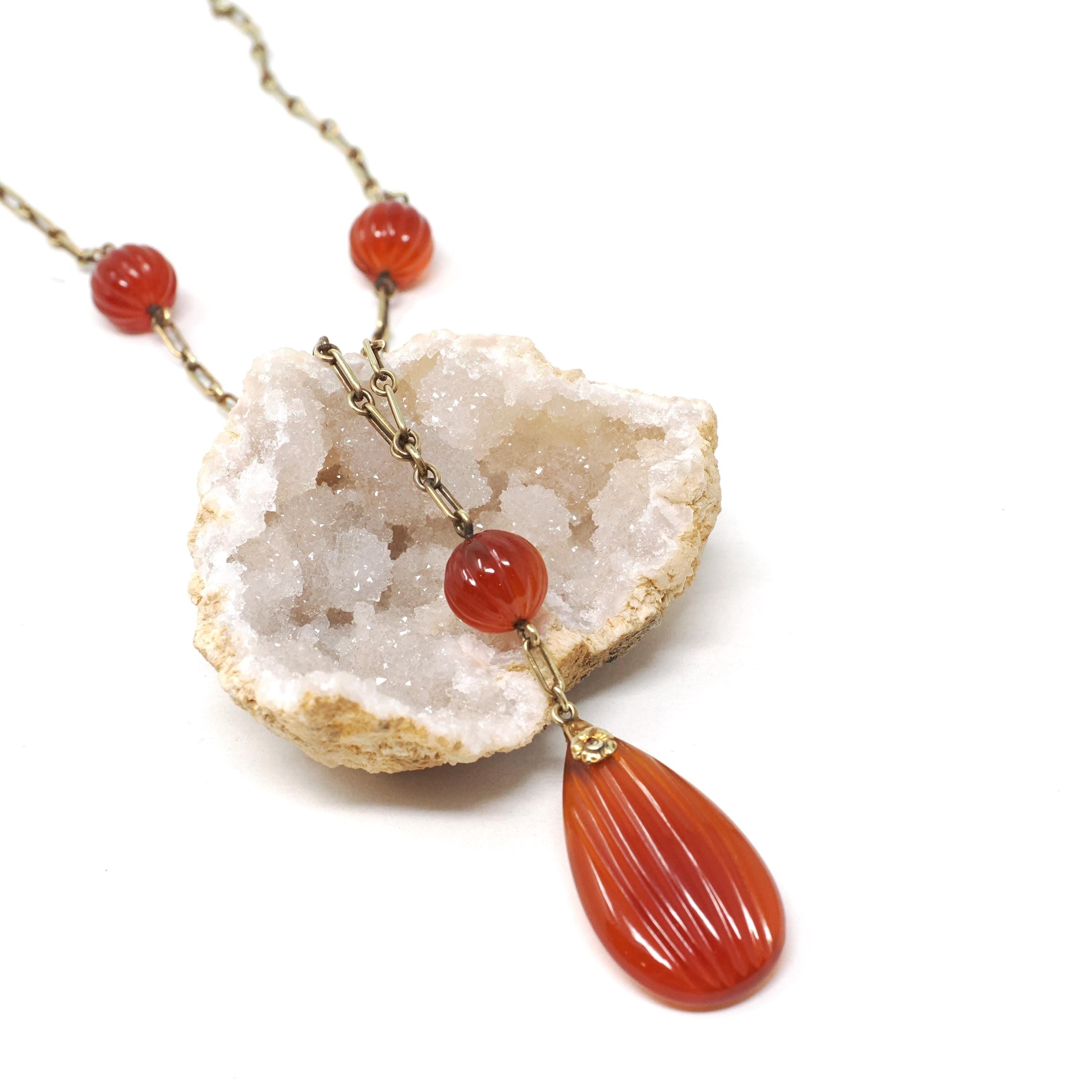 Art Deco Necklace - Vintage 14k Yellow Gold Natural Carved Orange Carnelian Gemstones - Circa 1930s Era Statement Beaded Flower Fine Jewelry