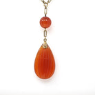 Art Deco Necklace - Vintage 14k Yellow Gold Natural Carved Orange Carnelian Gemstones - Circa 1930s Era Statement Beaded Flower Fine Jewelry