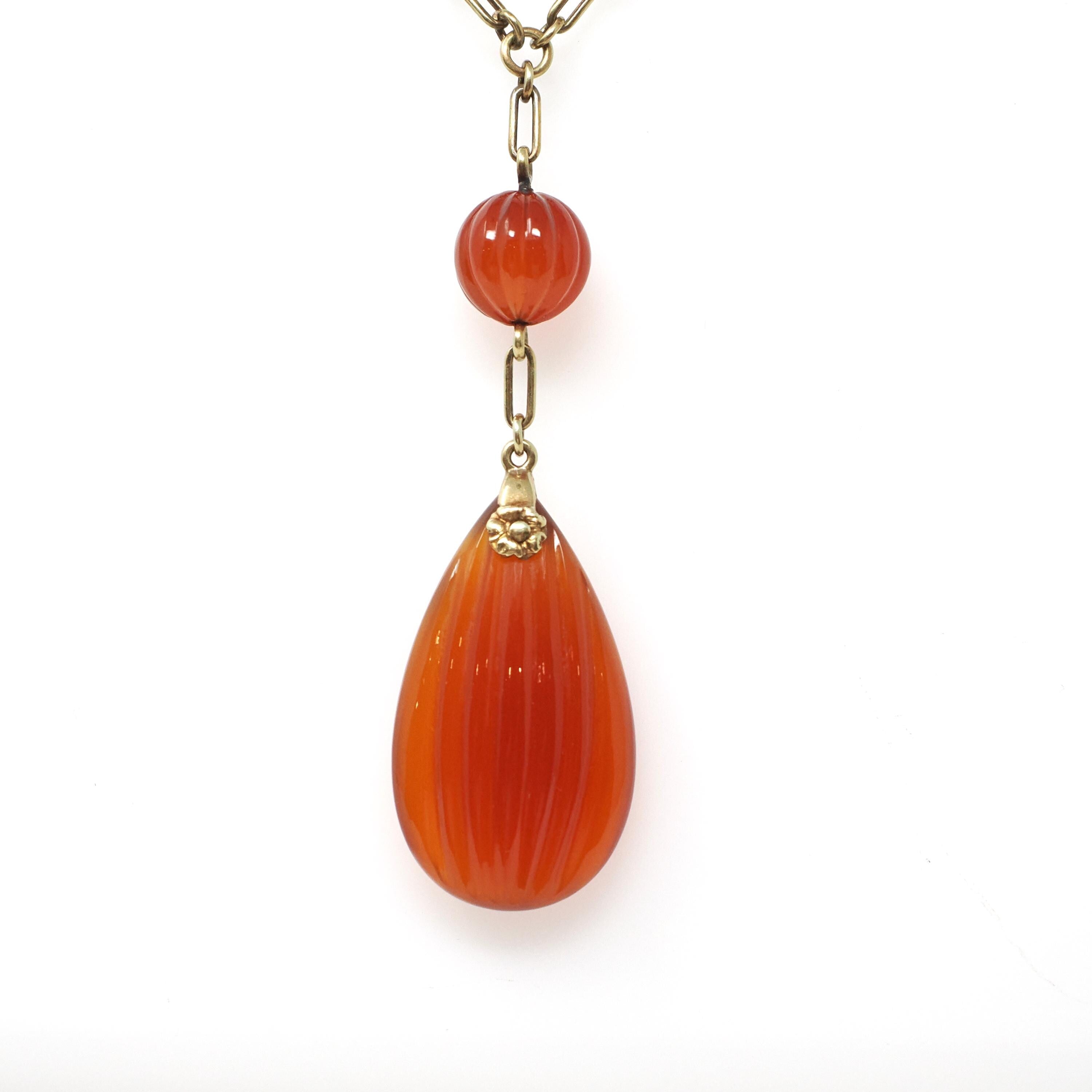 Art Deco Necklace - Vintage 14k Yellow Gold Natural Carved Orange Carnelian Gemstones - Circa 1930s Era Statement Beaded Flower Fine Jewelry