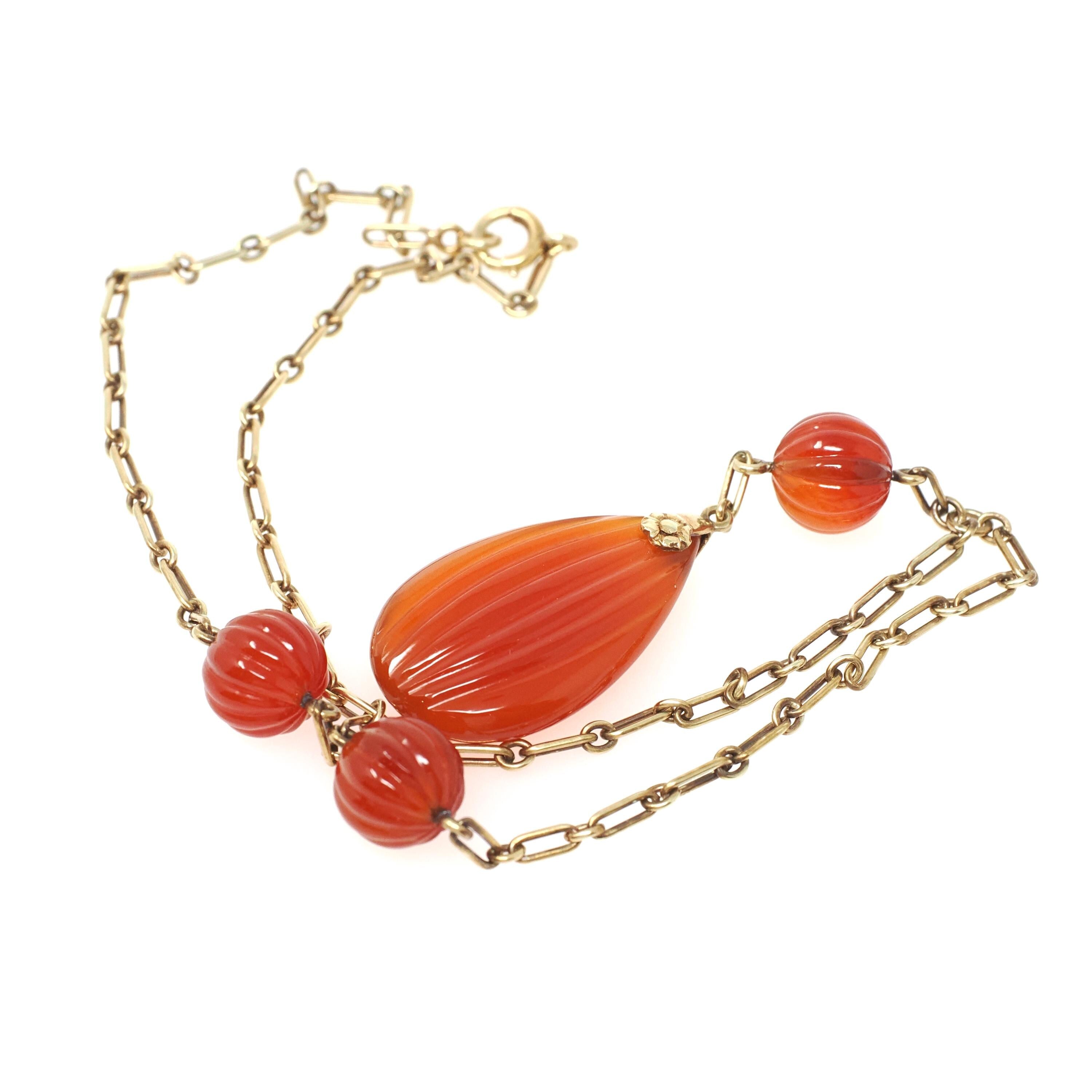 Art Deco Necklace - Vintage 14k Yellow Gold Natural Carved Orange Carnelian Gemstones - Circa 1930s Era Statement Beaded Flower Fine Jewelry