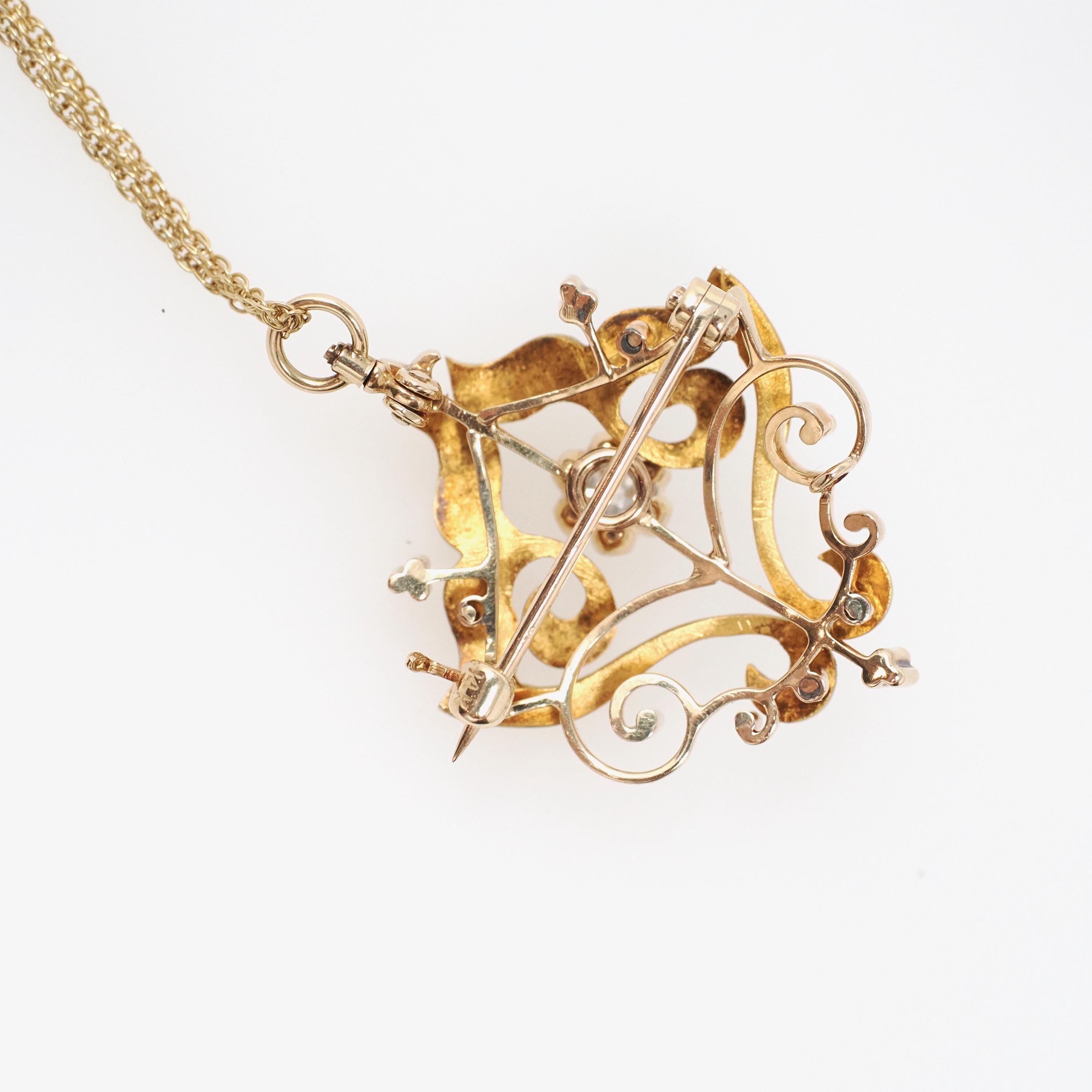 Art Nouveau Diamond Necklace - Edwardian 14k Yellow Gold Natural Diamond .31 CT Pendant Brooch Conversion - Early 1900s Era Fine Jewelry