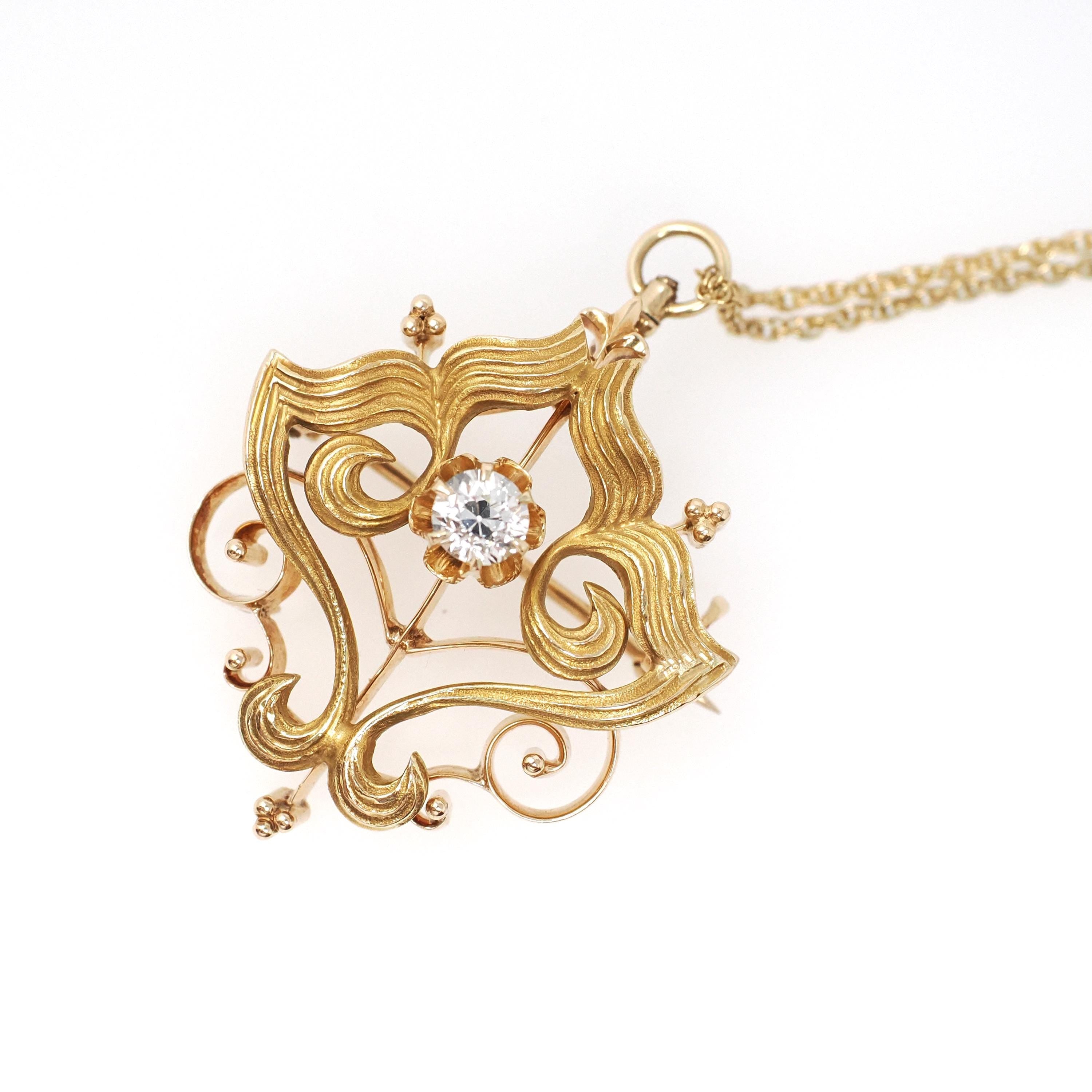 Art Nouveau Diamond Necklace - Edwardian 14k Yellow Gold Natural Diamond .31 CT Pendant Brooch Conversion - Early 1900s Era Fine Jewelry
