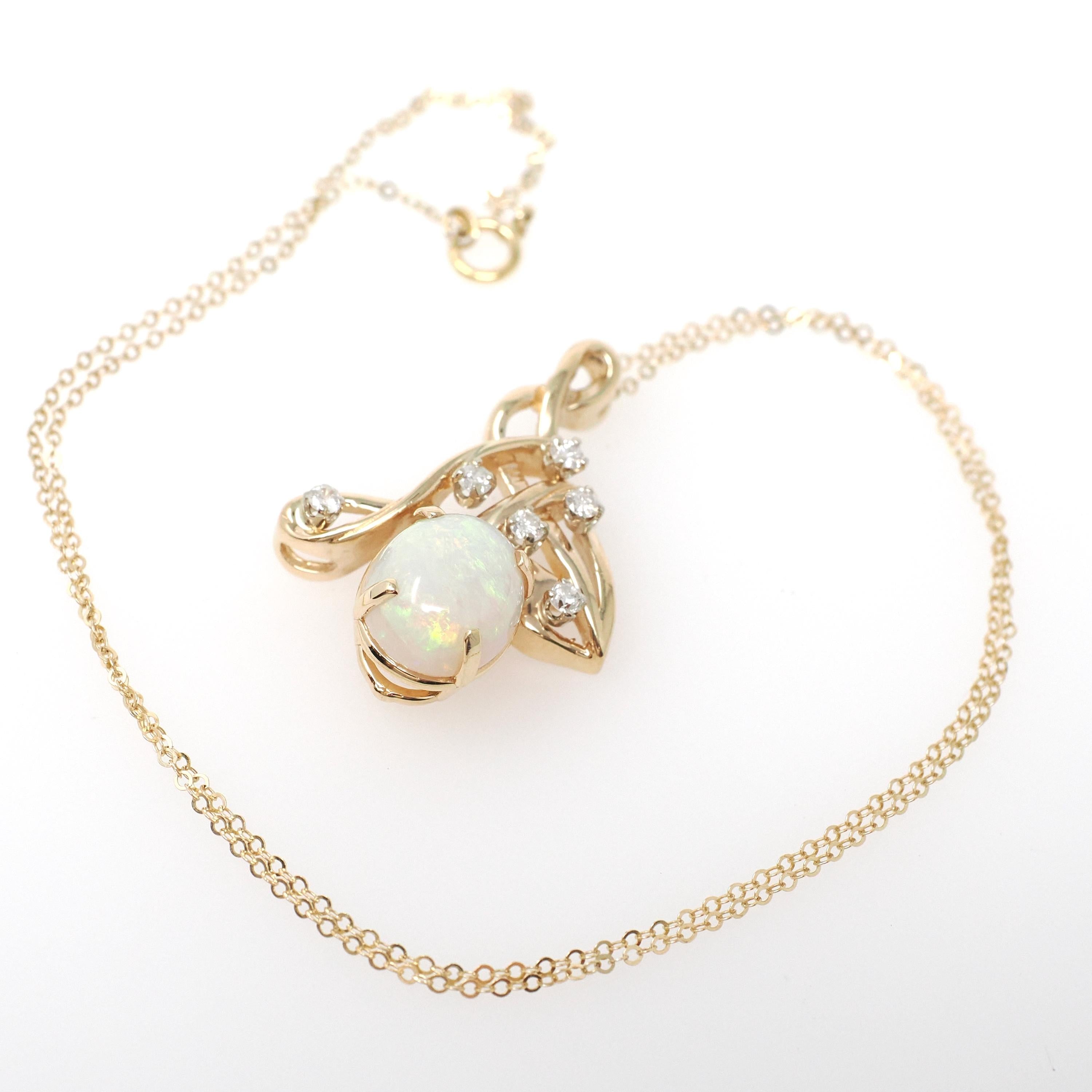 Opal & Diamond Pendant Necklace - Modern Era 14k Yellow Gold Freeform Swirl Cabochon Gemstone - Circa 1990s October Birthstone Fine Jewelry