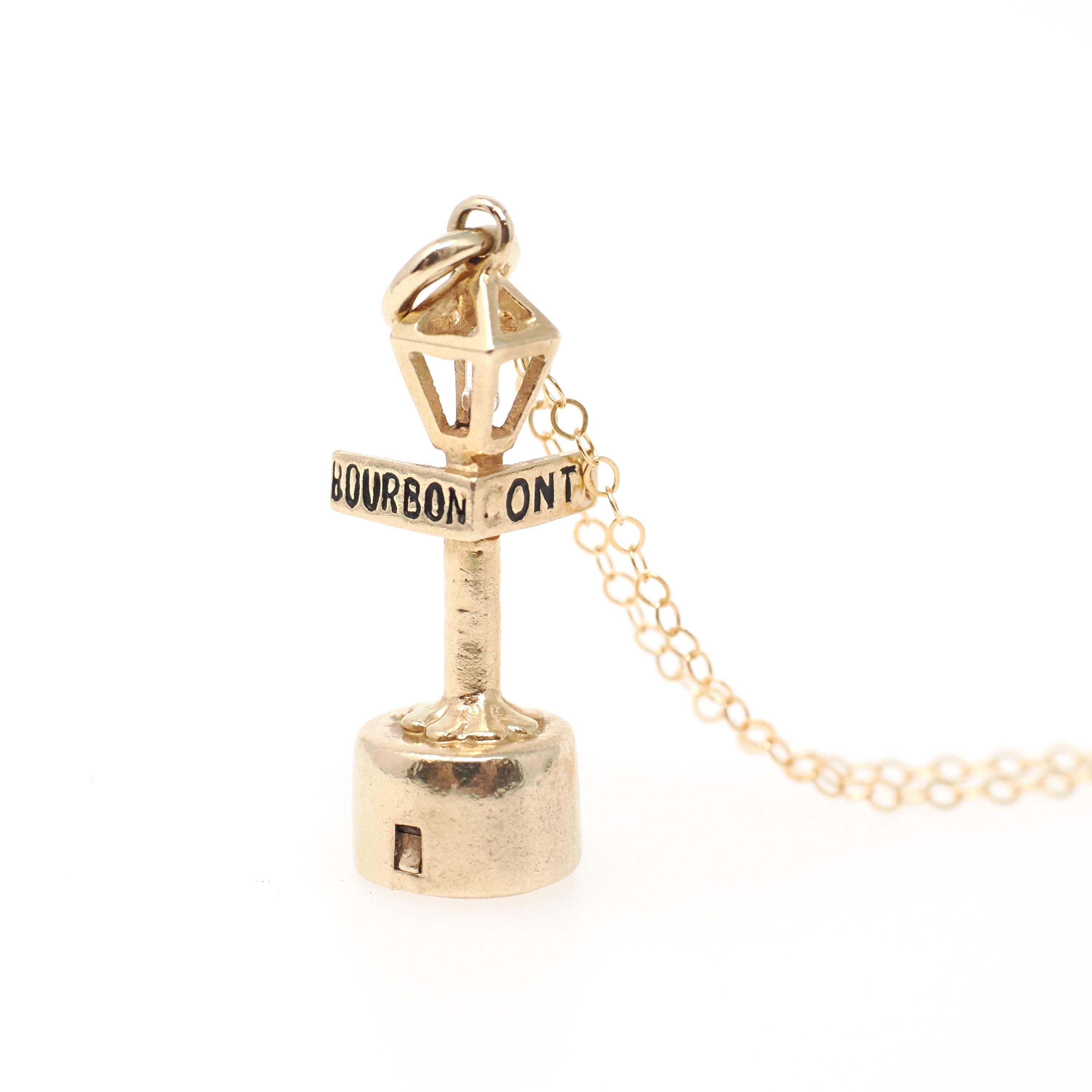 Vintage Lamppost Charm - Modernist 14k Yellow Gold Figural Battery Light Pendant Necklace - Circa 1970s New Orleans Bourbon St Fine Jewelry
