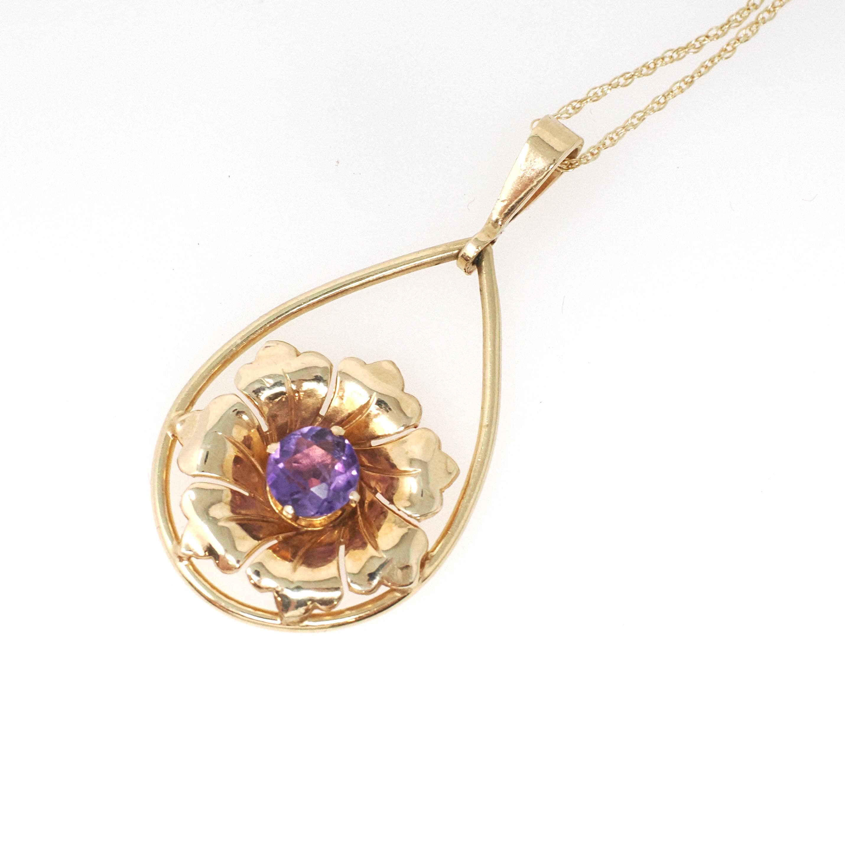 Vintage Amethyst Pendant - Retro 10k Yellow Natural Purple Gem Necklace - Circa 1940s Era Flower Teardrop Fine February Birthstone Jewelry