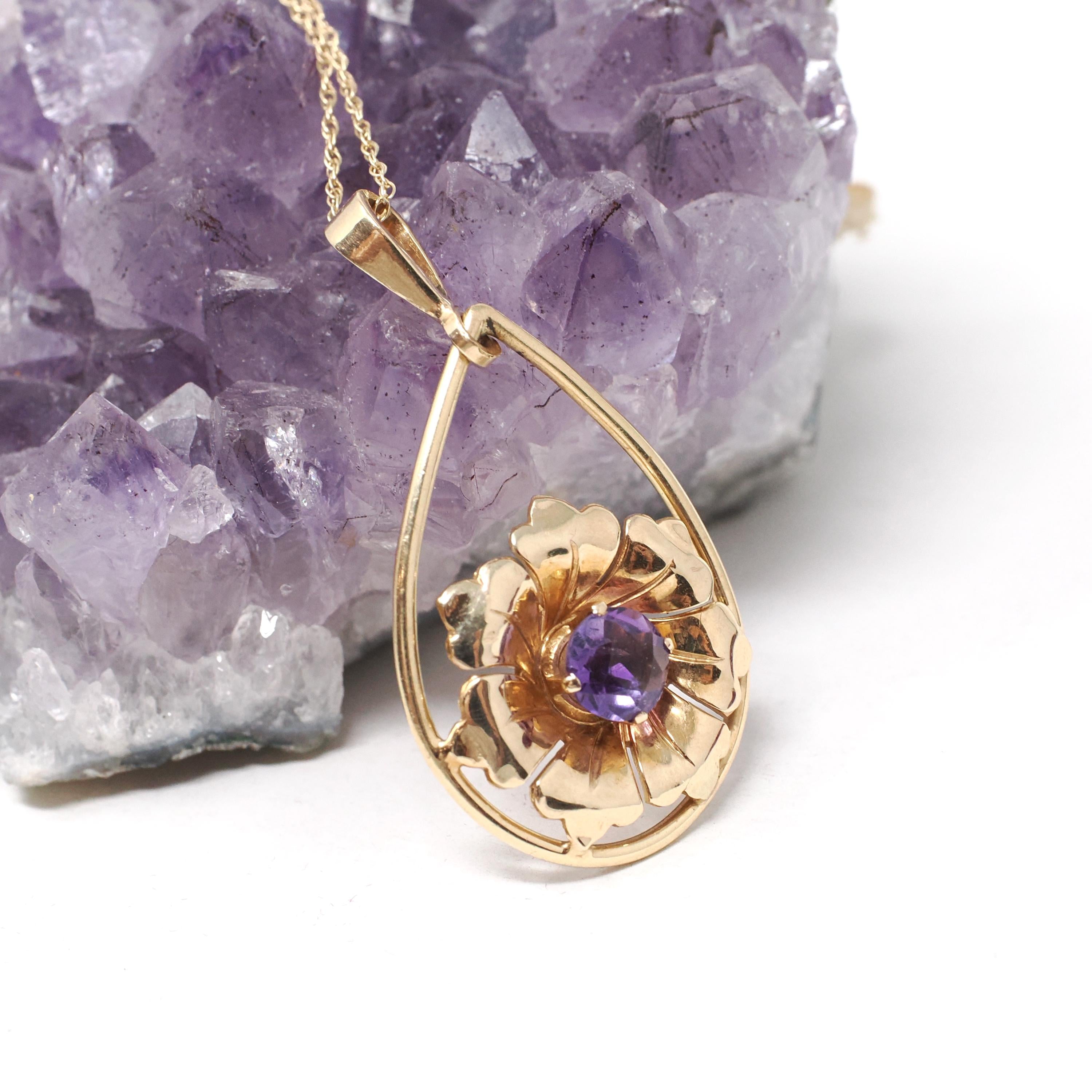 Vintage Amethyst Pendant - Retro 10k Yellow Natural Purple Gem Necklace - Circa 1940s Era Flower Teardrop Fine February Birthstone Jewelry