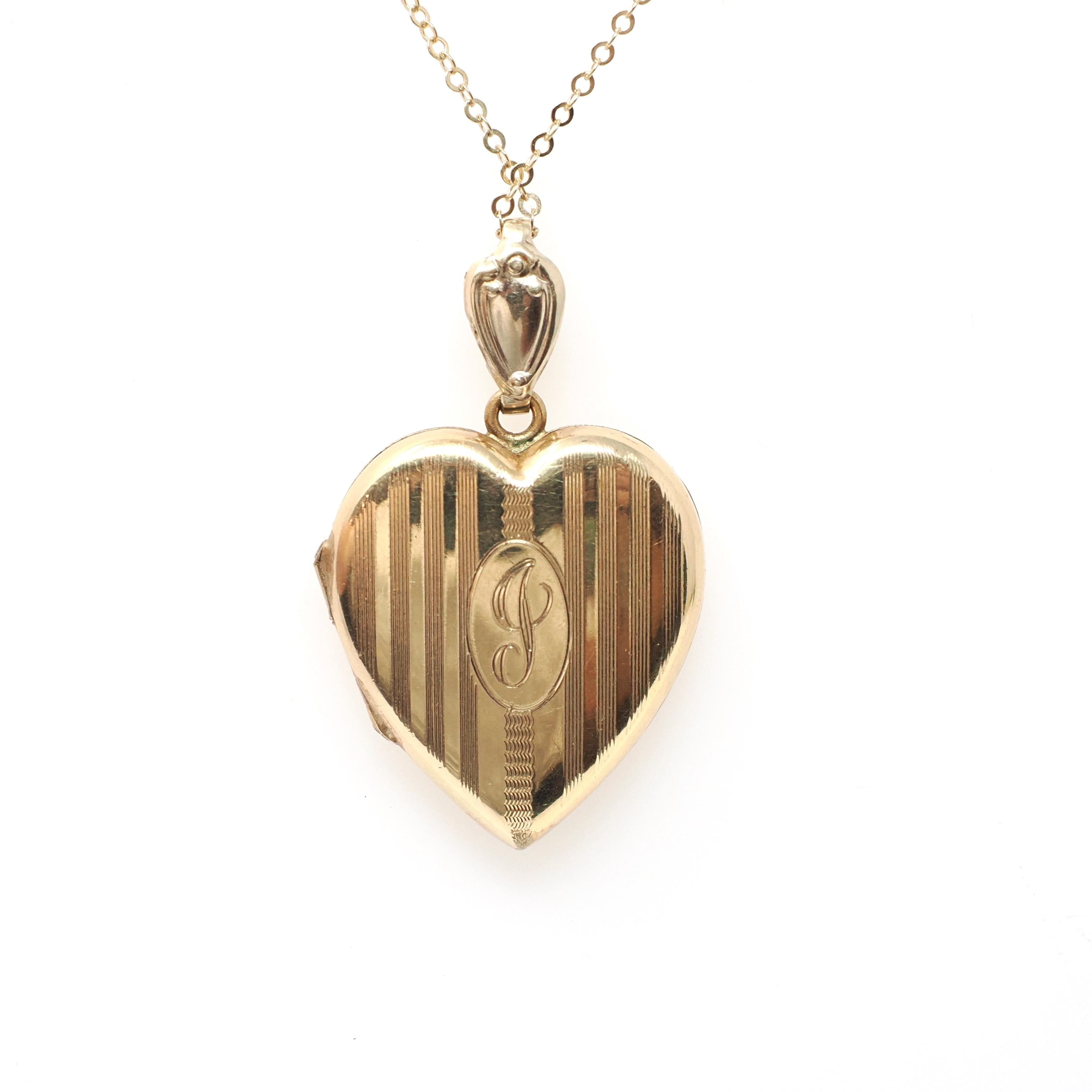 Letter "J" Locket - Retro 12k Gold Filled Engraved Initial Pendant Necklace - Vintage Circa 1940s Era Photograph Keepsake Hayward Jewelry