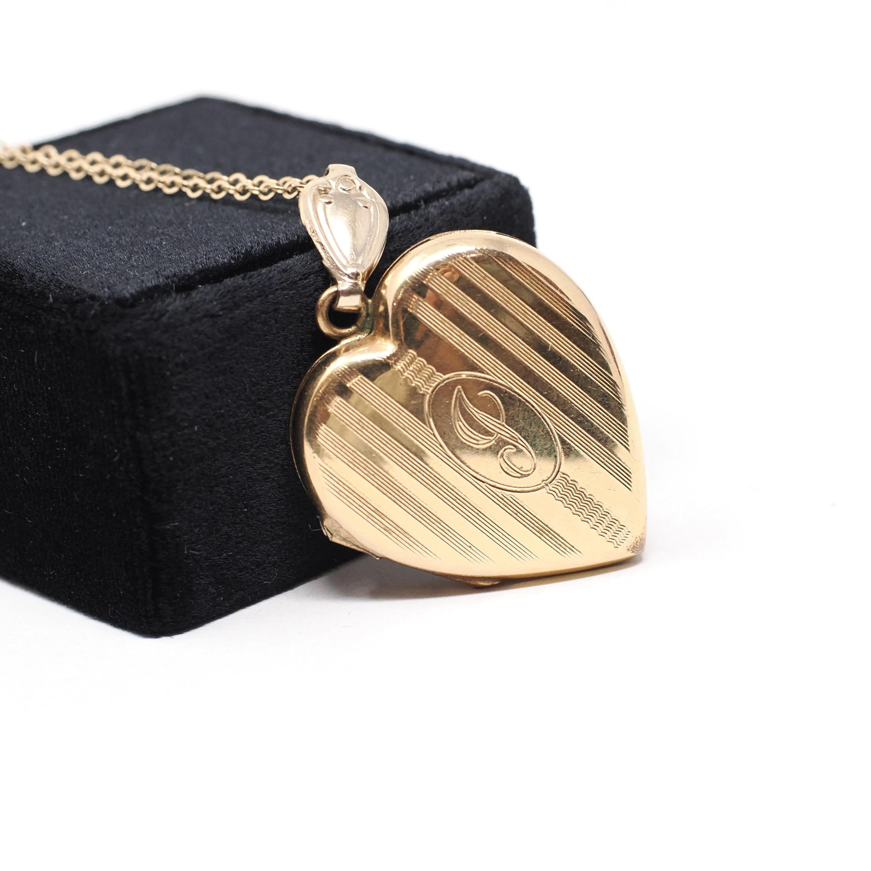Letter "J" Locket - Retro 12k Gold Filled Engraved Initial Pendant Necklace - Vintage Circa 1940s Era Photograph Keepsake Hayward Jewelry